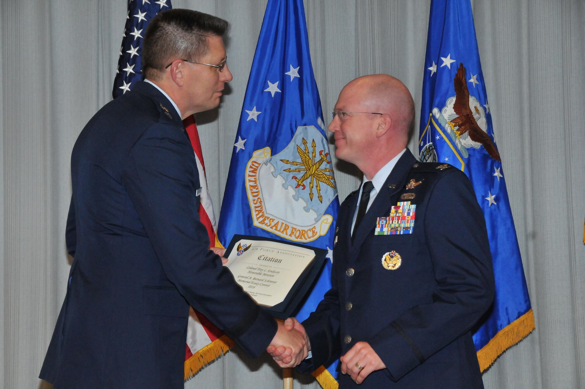 Several Airmen received prizes and recognition at an award ceremony on Nov. 15, 2016 at Peterson AFB for their winning essays in the 2016 Gen. Bernard A. Schriever Memorial Essay Contest.