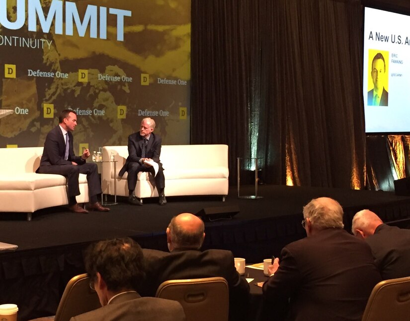 Army Secretary Eric Fanning, left, discusses Army capabilities with Wall Street Journal reporter Gordon Lubold at the Defense One Summit in Washington, D.C., Nov. 17, 2016. DoD photo by Jim Garamone