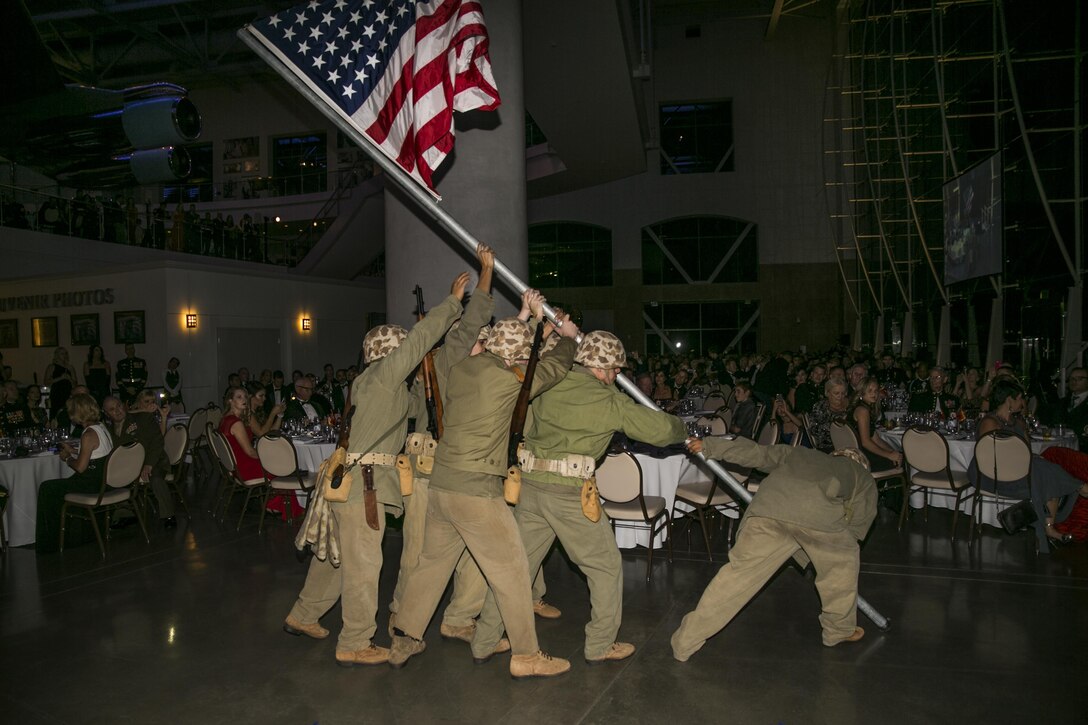 Marines reenact the raising of the American flag on Iwo Jima during 2nd Battalion, 23rd Marine Regiment’s 241st Marine Corps Ball, Nov. 12. 2016, at the Ronald Reagan Presidential Library and Museum in Simi Valley, Calif. In addition to celebrating 241 years of the Corps existence, the Reserve unit also commemorated the Marine Forces Reserve Centennial to honor the rich heritage of the Reserves and recognize the contributions of its Marines over the past century. 