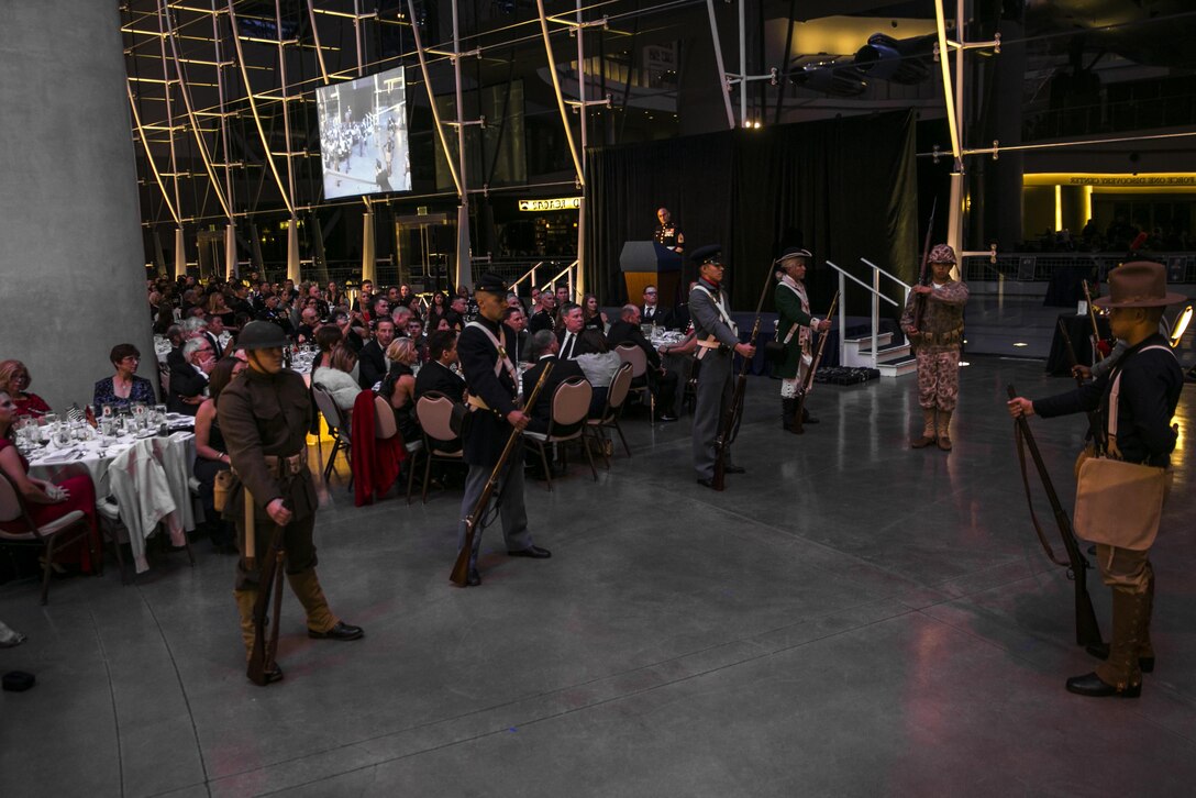 2nd Battalion, 23rd Marine Regiment, 4th Marine Division, celebrated their 241st Marine Corps Ball, Nov. 12. 2016, at the Ronald Reagan Presidential Library and Museum in Simi Valley, Calif. The ball featured Marines dressed in authentic reproductions of Marine Corps clothing and equipment from each different time period of the Marine Corps. In addition to celebrating 241 years of the Corps existence, the unit also commemorated the Marine Forces Reserve Centennial to honor the rich heritage of the Reserves and recognize the contributions of its Marines over the past century. 