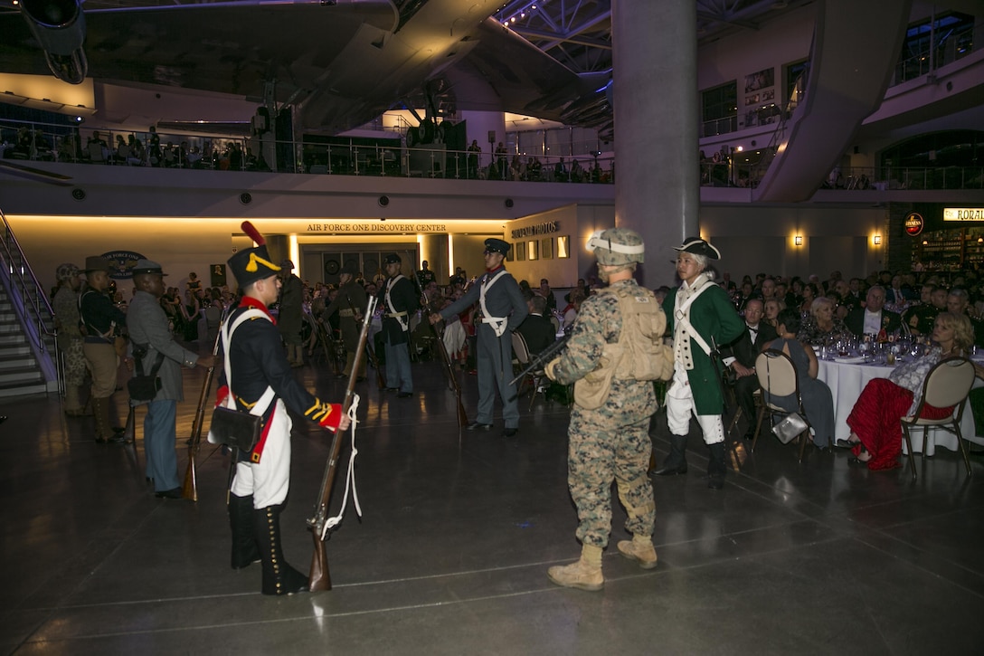 Marines from 2nd Battalion, 23rd Marine Regiment, 4th Marine Division, celebrated their 241st Marine Corps Ball, Nov. 12. 2016, at the Ronald Reagan Presidential Library and Museum in Simi Valley, Calif. The ball featured Marines dressed in authentic reproductions of Marine Corps clothing and equipment from each different time period of the Marine Corps. In addition to celebrating 241 years of the Corps, the Reserve unit also commemorated the Marine Forces Reserve Centennial to honor the rich heritage of the Reserves and recognize the contributions of its Marines over the past century. 