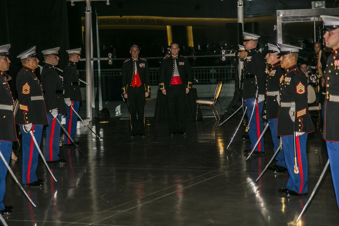 Lt. Gen. Rex C. McMillian (center left), commander of Marine Forces Reserve and Marine Forces North and Lt. Col. Garth P. Massey (center right), commanding officer of 2nd Battalion, 23rd Marine Regiment, 4th Marine Division, stand at attention before the entry of the birthday cake during 2/23’s 241st Marine Corps Birthday Ball held Nov. 12, 2016, at the Ronald Reagan Presidential Library and Museum in Simi Valley, Calif. The Marine Corps Ball has been a Marine Corps tradition since 1951 and continues to be a time every year when Marines set aside an evening to honor fallen comrades and toast to the future success of the Corps. 