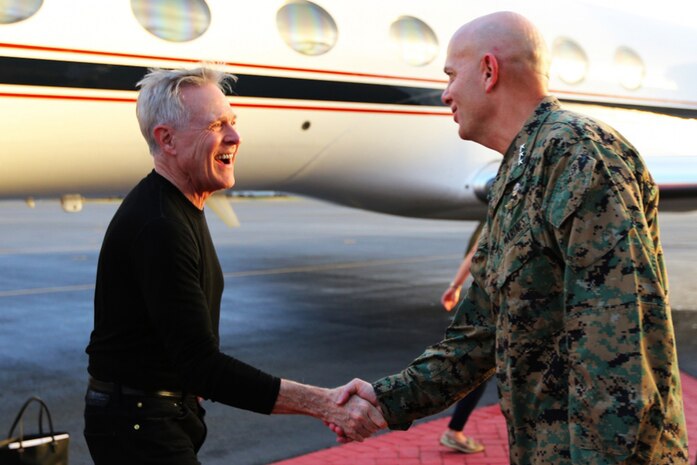 Secretary of the Navy Ray Mabus shakes hands with U.S. Marine Lt. Gen. David H. Berger, commander of U.S. Marine Corps Forces, Pacific, aboard Joint Base Pearl Harbor-Hickam, Hawaii, Nov. 15, 2016. Mabus is visiting Hawaii to speak to Sailors and Marines on Joint Base Pearl Harbor-Hickam and Marine Corps Base Hawaii. 