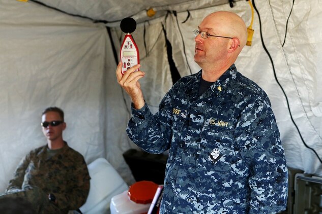 U.S. Navy Commander Alan Ross leads a class about the levels of harmful sound to ears by using a M3 Sound Detector during Preventative Medicine Exercise 2016 at Camp Pendleton, Calif., Nov. 10, 2016. Being able to detect sound helps technicians distinguish when a situation may require hearing protection due to excessive and potentially harmful noise. Ross is an audiologist with the Navy Environmental Preventative Medicine Unit No. 5. (U.S. Marine Corps photo by Lance Cpl. Joseph Sorci)