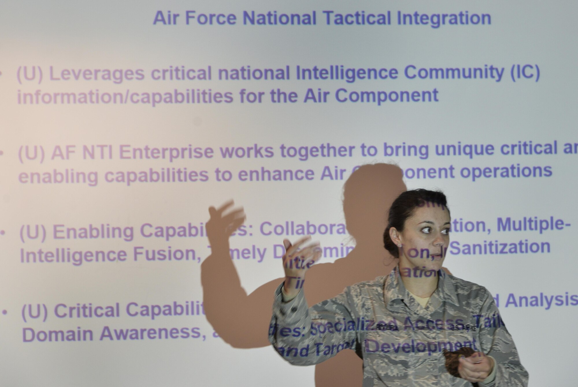 Staff Sgt. Bazil Rivera 70th Operations Support Squadron Air Force National Tactical Integration non-commissioned officer in charge, explains the importance of NTI training to students training November 4, 2016 at Fort Meade, Md. AF NTI works as an enterprise that collaborates to enhance Air Component operations around the world, as well as leveraging critical nation Intelligence Community information and capabilities. (U.S. Air Force photo/Staff Sgt. Alexandre Montes)