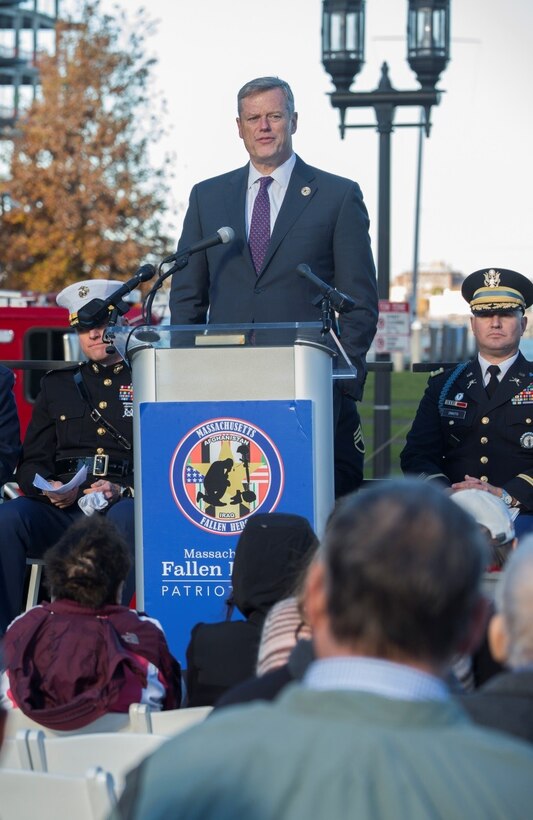 Charlie Baker, Governor of Massachusetts, addresses the crowd during a Veterans Day wreath laying ceremony at the Massachusetts Fallen Heroes Memorial in Boston, Nov. 11, 2016. Baker spoke on the importance of remembering and honoring individuals who served in the United States Armed Forces and thanked Gold Star families present for all the sacrifices they have made. The ceremony was part of a series of events celebrating the Marine Corps Reserve Centennial.  Reserve Marines have served alongside their active duty counterparts in every clime and place for 100 years, leaving an indelible mark on the battle history of the Marine Corps. (U.S. Marine Corps photo by Cpl. Melissa Martens/ Released) 