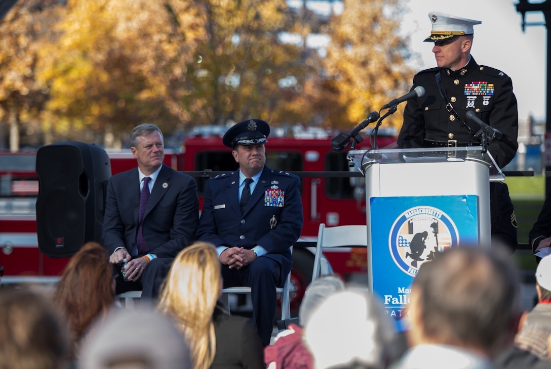 Colonel Michael V. Samarov, commanding officer of 25th Marine Regiment, 4th Marine Division, shares his thoughts on Veterans Day and its importance to the attendees of the Veterans Day wreath laying ceremony at the Massachusetts Fallen Heroes Memorial in Boston, Nov. 11, 2016. The ceremony was part of a series of events celebrating the Marine Corps Reserve Centennial.  Reserve Marines have served alongside their active duty counterparts in every clime and place for 100 years, leaving an indelible mark on the battle history of the Marine Corps (U.S. Marine Corps photo by Cpl. Melissa Martens/ Reserved) 