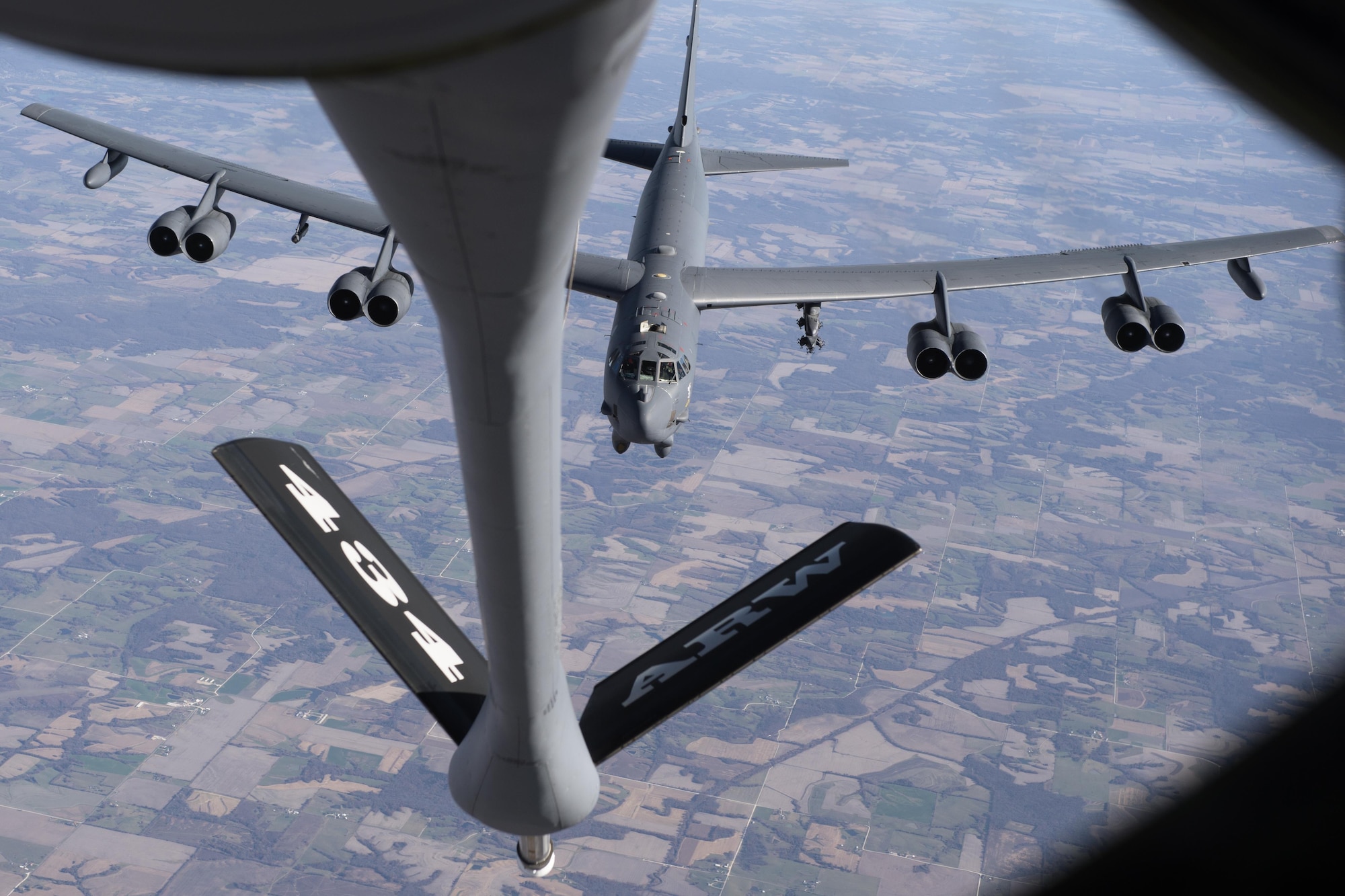 A U.S. Air Force B-52 Stratofortress from the 5th Bomb Wing, Minot Air Force Base, N.D., prepares to be refueled by a 434th Air Refueling Wing KC-135R Stratotanker during a refueling mission over the Midwest Nov. 16, 2016. During the flight, media representatives from central Indiana learned more about the mission of the 434th ARW and the Air Force Reserve. (U.S. Air Force photo/Tech. Sgt. Benjamin Mota)