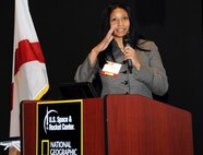 Porscha Porter, Huntsville Center’s Energy Division branch chief for Strategy and Business Management, moderates a panel focusing on federal government energy initiatives and partnerships during Energy Huntsville's Energy Summit Nov.15 at the U.S. Space and Rocket Center. 