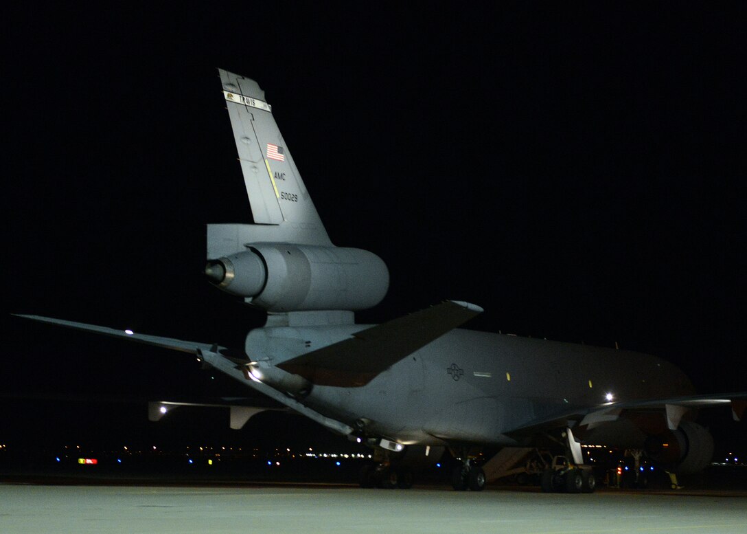 A KC-10 Extender is parked on the runway Nov. 16, 2016 at Luke Air Force Base, Ariz. The KC-10 came from Travis Air Force Base, Calif. to participate in an aerial refueling operations with F-16s here at Luke. (U.S. Air Force photo by Senior Airman Devante Williams)