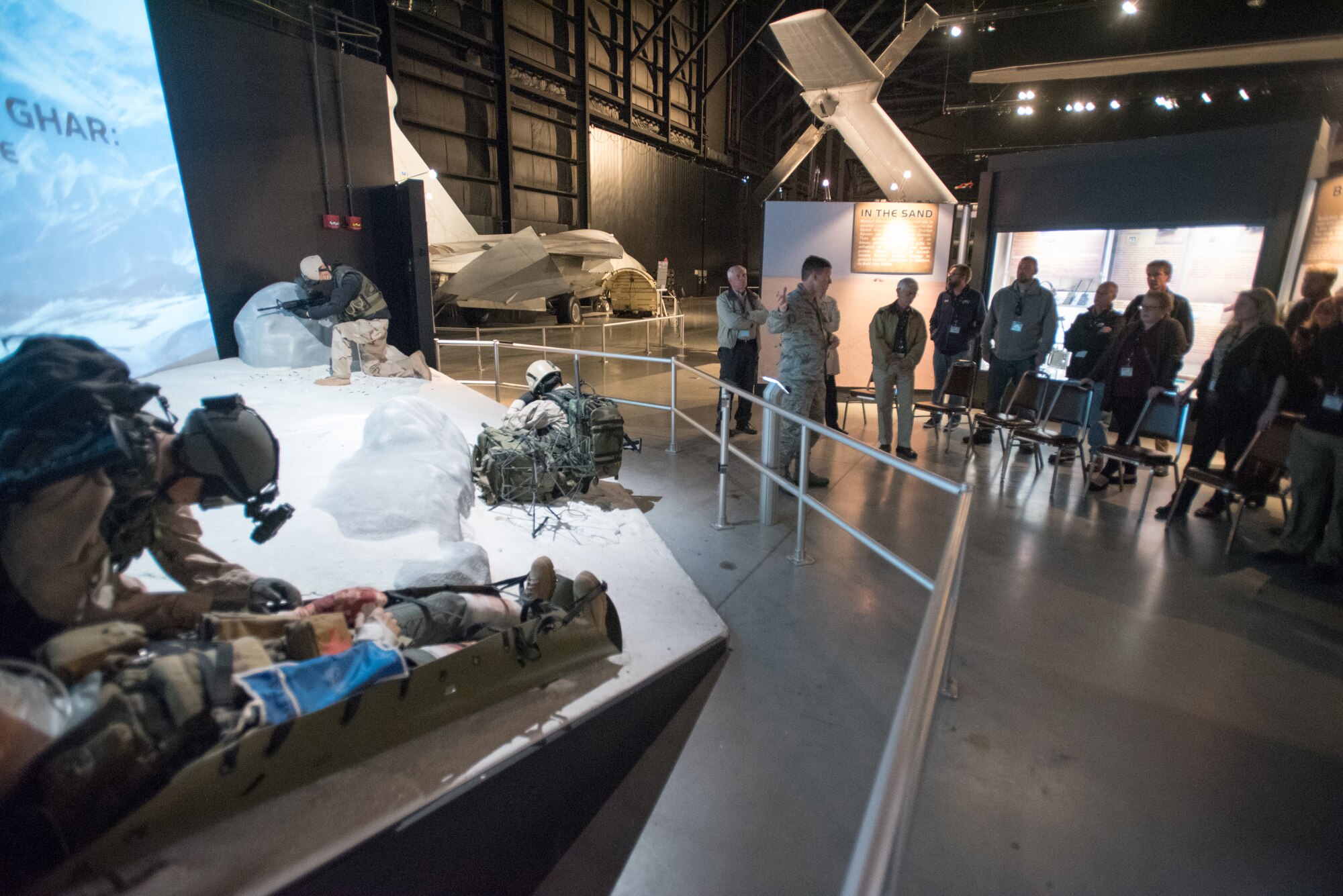 Col. Jeffrey Wilkinson, vice commander of the Kentucky Air National Guard’s 123rd Airlift Wing, explains to civilian employers a display on the Battle of Takur Ghar at the National Museum of the United States Air Force at Wright-Patterson Air Force Base, Ohio, Oct. 26, 2016. A former pararescueman form the wing, Tech. Sgt. Keary Miller, is featured in the exhibit. Miller was awarded the Silver Star for his actions during the battle’s 15-hour firefight on an Afghan mountain, helping save numerous comrades while repeatedly putting his own life in extreme danger. The employers were at the museum as part of an Employer Support of the Guard and Reserve “Bosslift” designed to enhance their understanding of the wing’s mission and the work their employees do when serving as reservists in the Kentucky Air Guard. (U.S. Air National Guard photo by Master Sgt. Phil Speck)