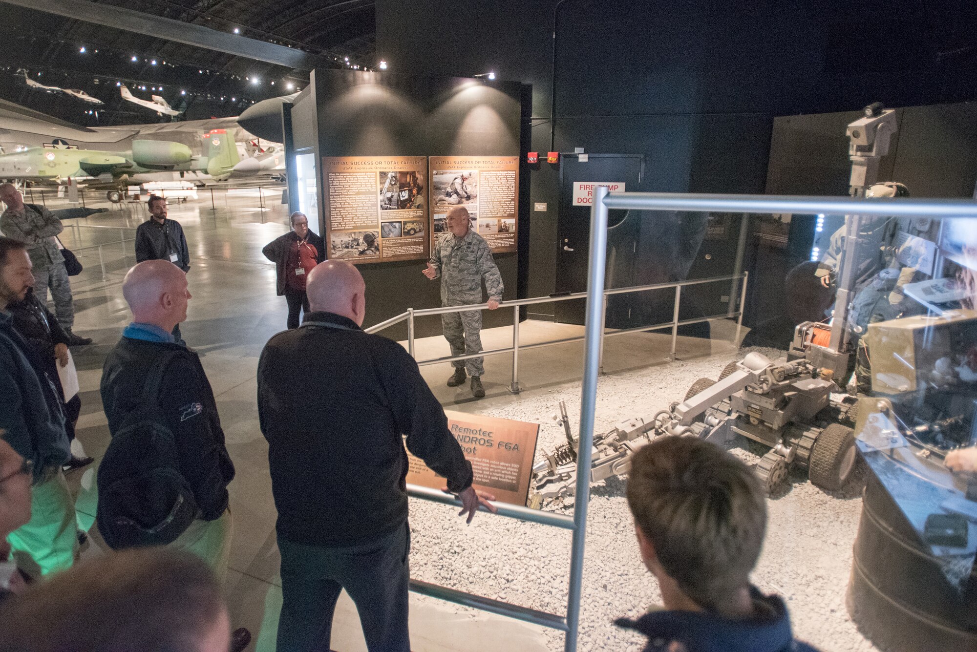 Master Sgt. Jason Warden, an explosive ordinance disposal technician from the Kentucky Air National Guard’s 123rd Civil Engineer Squadron, explains EOD equipment to civilian employers during an Employer Support of the Guard and Reserve “Bosslift” at the National Museum of the United States Air Force at Wright-Patterson Air Force Base, Ohio, Oct. 26, 2016. The Bosslift gave civilian employers an opportunity to learn more about what their employees do when serving as reservists in the Kentucky Air National Guard. (U.S. Air National Guard photo by Master Sgt. Phil Speck)