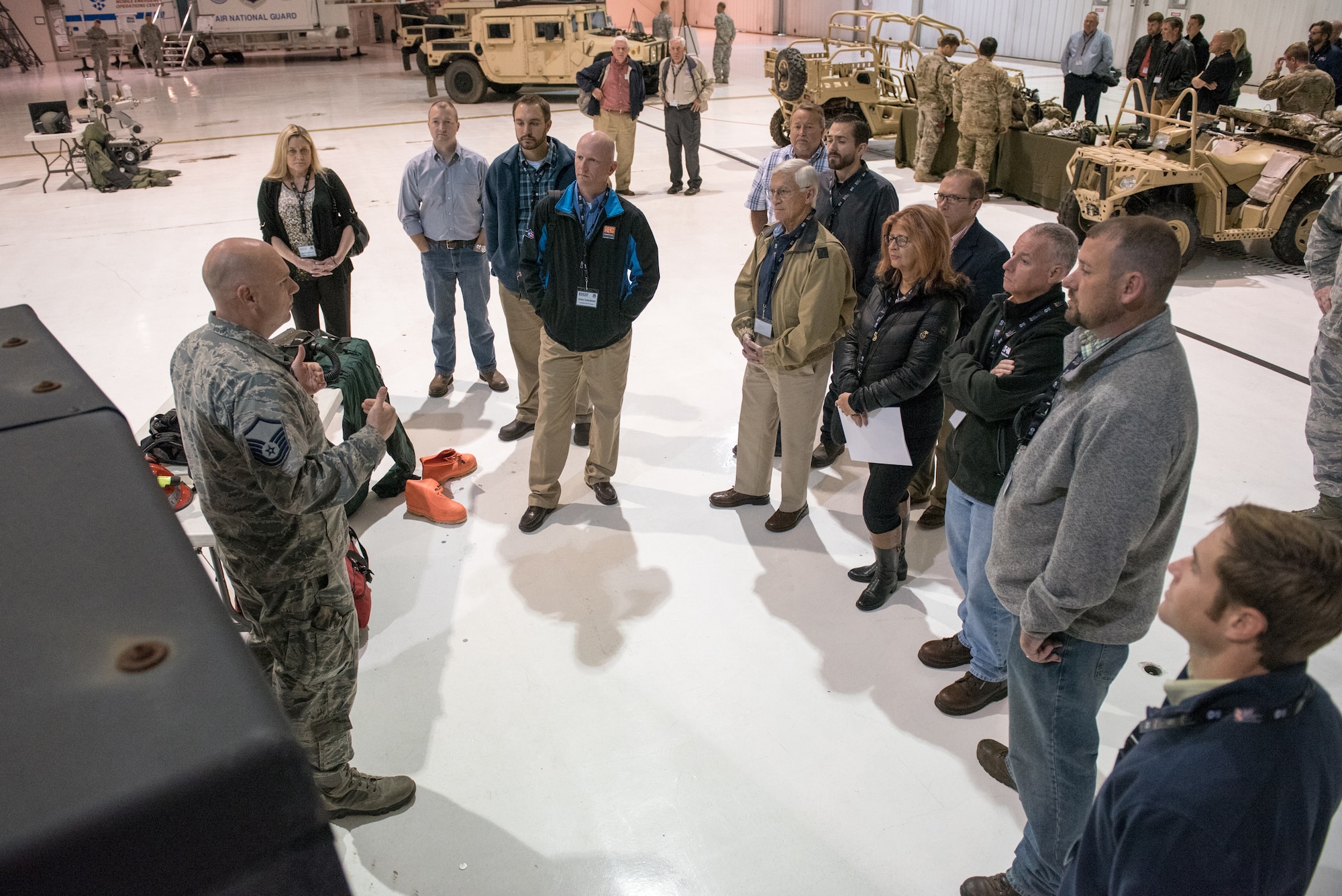 Master Sgt. Aaron Foote, services technician for the 123rd Force Support Squadron, explains to civilian employers the military duties of the unit’s Fatality Search and Recovery Team during an Employer Support of the Guard and Reserve “Bosslift” at the Kentucky Air National Guard Base in Louisville, Ky., Oct. 26, 2016. The Bosslift gave employers the opportunity to see what their employees do when they are serving as reservists in the Kentucky Air National Guard. (U.S. Air National Guard photo by Master Sgt. Phil Speck)