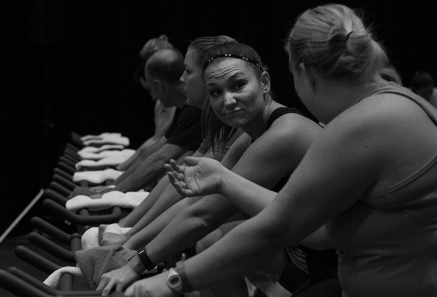 Participants of a United Service Organizations-hosted cycling class, SoulCycle, share a conversation as they warm up at Ramstein Air Base, Germany, Nov. 15, 2016. Hundreds of Kaiserslautern Military Community members participated in the hour-long cycling event. U.S. Air Force photo by Airman 1st Class Lane T. Plummer)