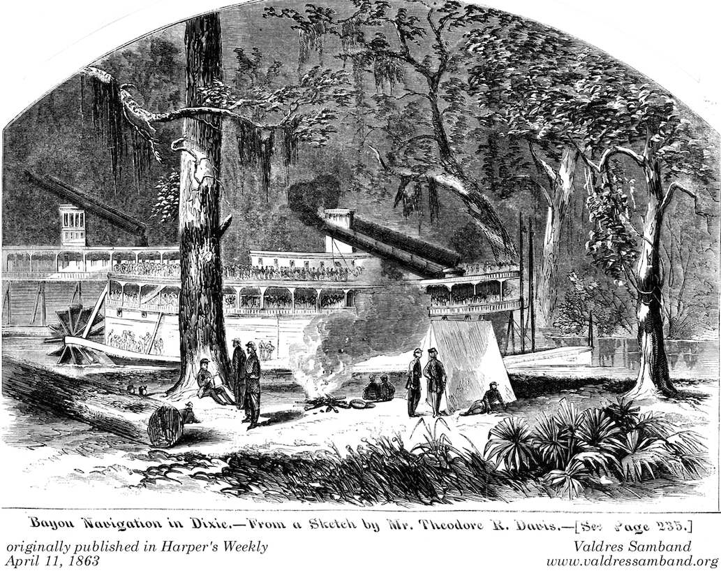 Engraving: Their smokestacks decapitated by low hanging tree limbs and thick foliage in Steele’s Bayou north of Vicksburg, Union Steamers Eagle and Silver Wave were featured in this engraving on the cover of Harper’s Weekly on April 11, 1863.