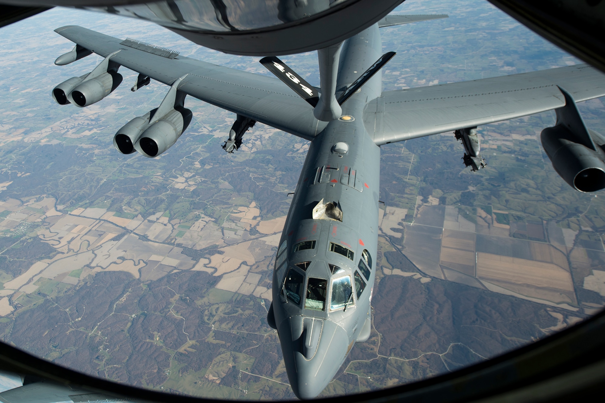 A U.S. Air Force B-52 Stratofortress from the 5th Bomb Wing, Minot Air Force Base, N.D., prepares to be refueled by a 434th Air Refueling Wing KC-135R Stratotanker during a refueling mission over the Midwest Nov. 16, 2016. During the flight, media representatives from central Indiana learned more about the mission of the 434th ARW and the capabilities of the B-52. (U.S. Air Force photo/Tech. Sgt. Benjamin Mota)