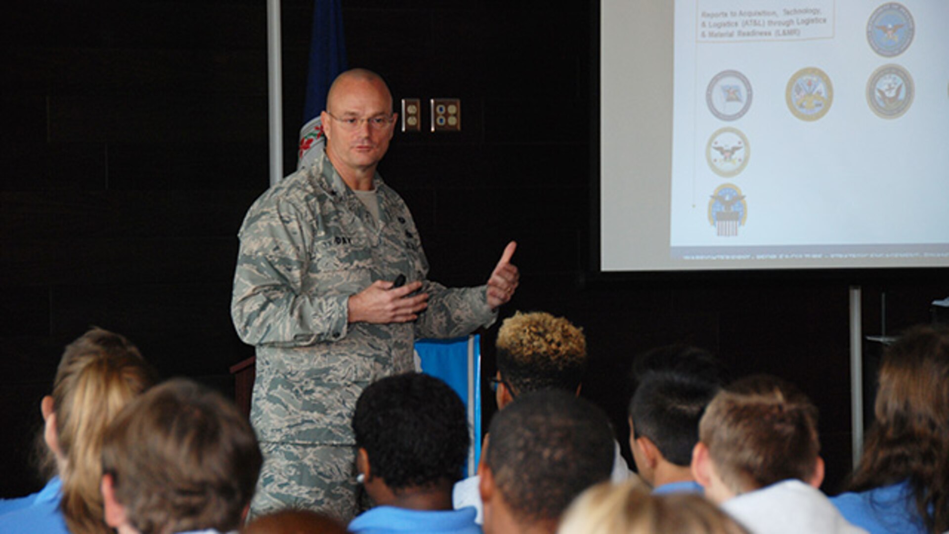Defense Logistics Agency Aviation Commander Air Force Brig. Gen. Allan Day discusses the framework of the Department of Defense, where DLA fits in with DoD, and the DLA and DLA Aviation missions with students from the Chesterfield County Public Schools Career and Technical Education Center (Hull Street Road location). Day visited the CTC Nov. 3, 2016. 