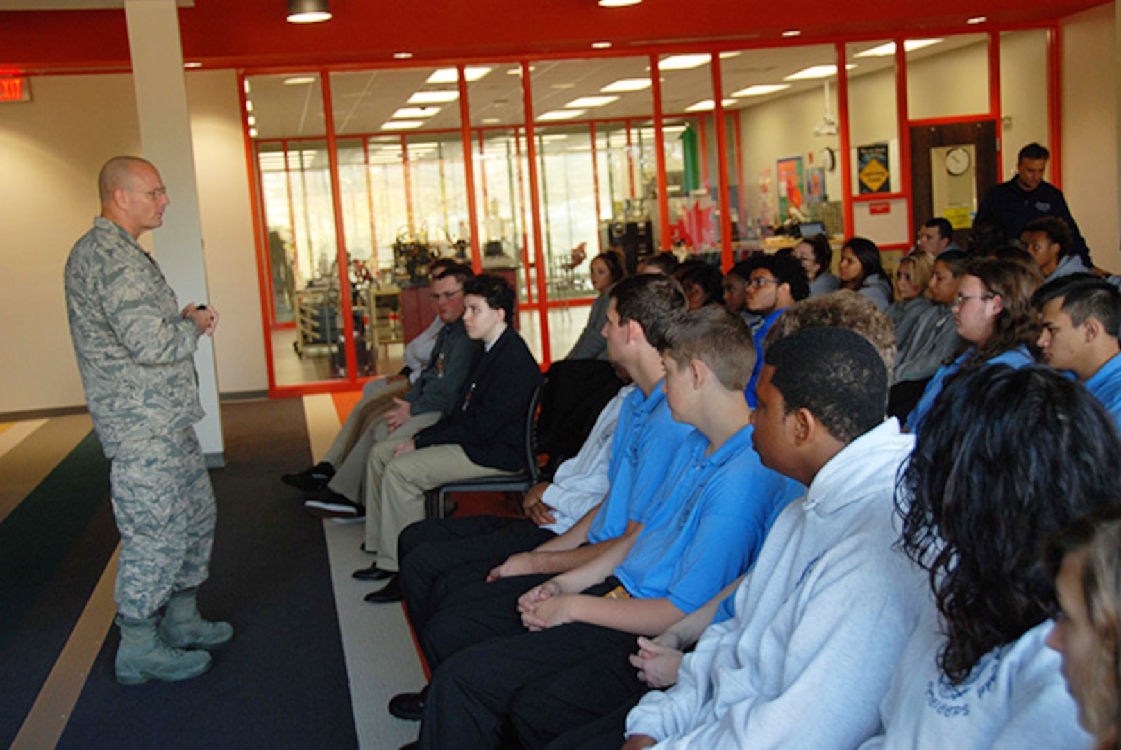 Defense Logistics Agency Aviation Commander Air Force Brig. Gen. Allan Day speaks with students from the Global Logistics, Homeland Security, and Firefighting classes and student leaders from various academic organizations and clubs at the Chesterfield County Public Schools Career and Technical Education Center (Hull Street Road location) Nov. 3, 2016. Day discussed the DLA and DLA Aviation missions, and his leadership model for success. He also answered questions about logistics within DLA and various logistics career fields. 
