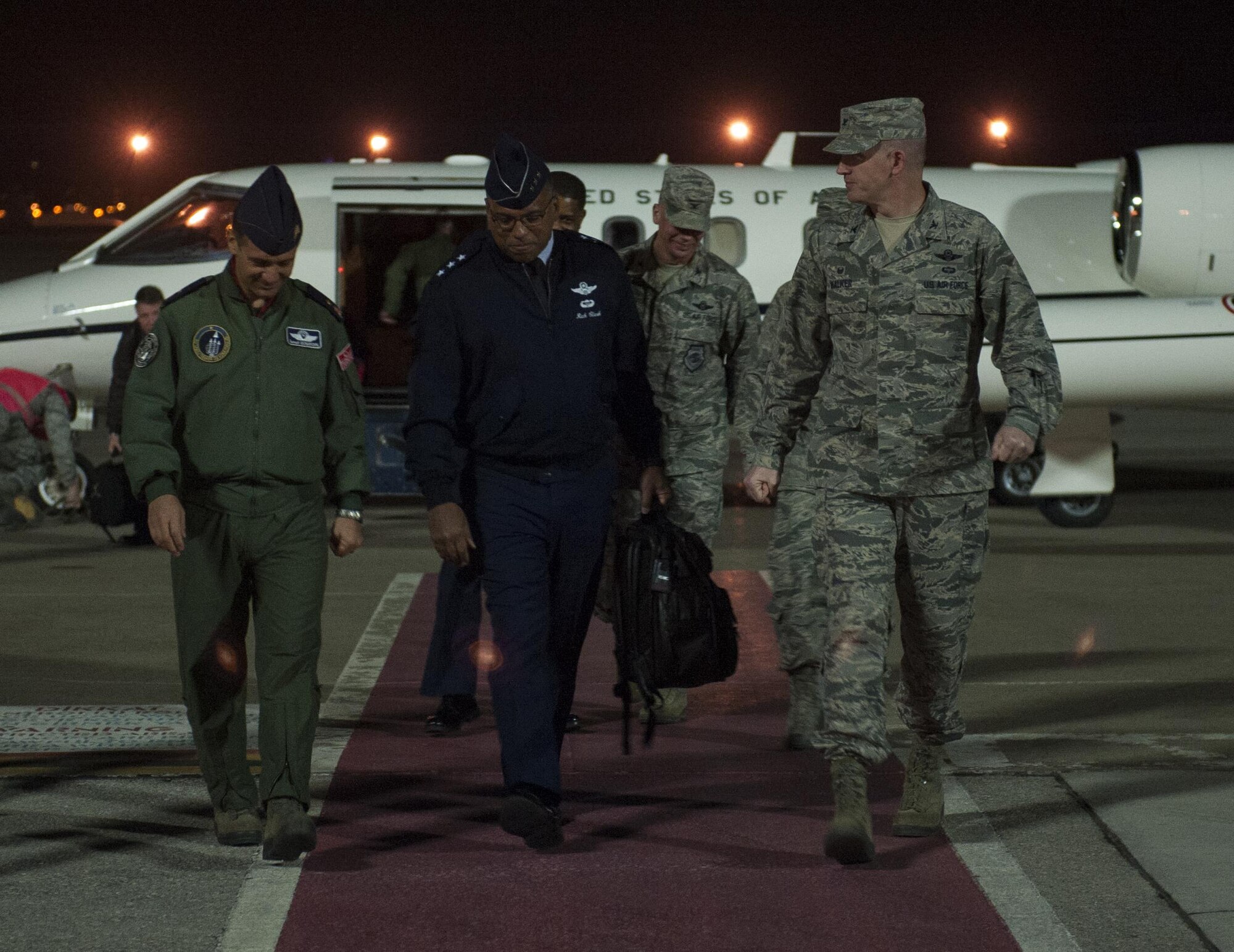 Lt. Gen. Richard M. Clark, 3rd Air Force commander, is greeted by Col. John Walker (right), 39th Air Base Wing commander, Nov. 17, 2016, at Incirlik Air Base, Turkey. Clark visited Incirlik Airmen as part of his immersion tour as the new 3rd AF commander. (U.S. Air Force photo by Tech. Sgt. Caleb Pierce)