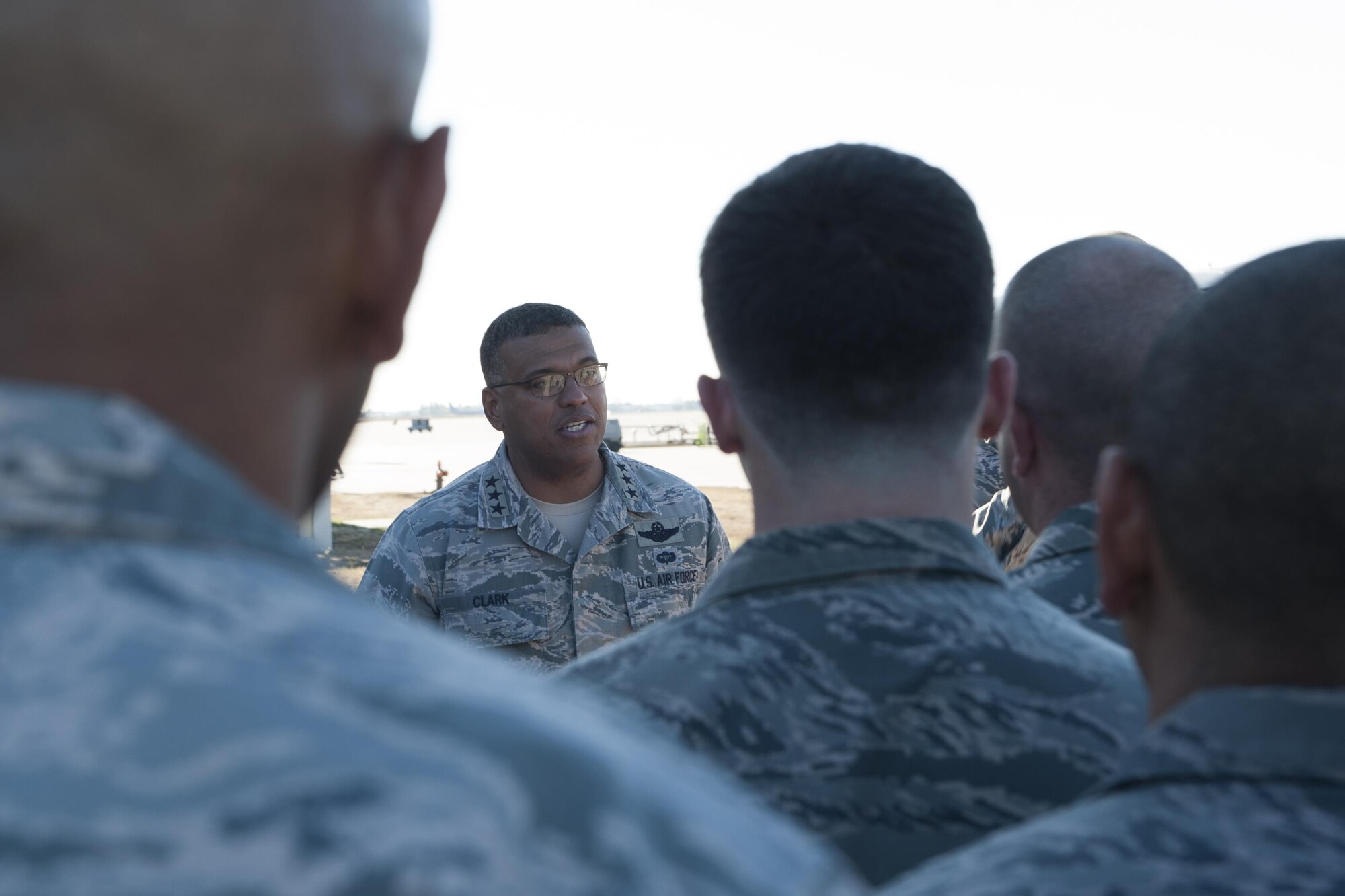 Lt. Gen. Richard M. Clark, 3rd Air Force commander, meets with Airmen during an immersion tour Nov. 18, 2016, at Incirlik Air Base, Turkey. Clark visited Airmen to meet and speak about the diverse and important missions the base is supporting. (U.S. Air Force photo by Tech. Sgt. Caleb Pierce) 