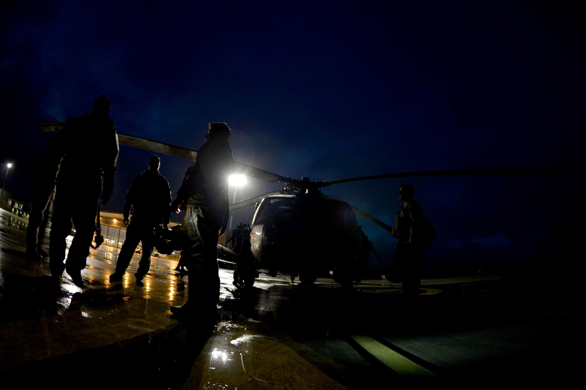 U.S. Air Force Airmen from the 56th and 57th Rescue Squadrons, assigned to Royal Air Force Lakenheath, England, prepare for a night training mission Nov. 10, during Exercise Salamander at Cazaux Air Base, France. The exercise is an opportunity for U.S. Air Force HH-60G Pave Hawk aircrew, Guardian Angel teams and maintenance Airmen to hone their skills in a dynamic environment with their French air force counterparts. (U.S. Air Force photo/Master Sgt. Eric Burks)