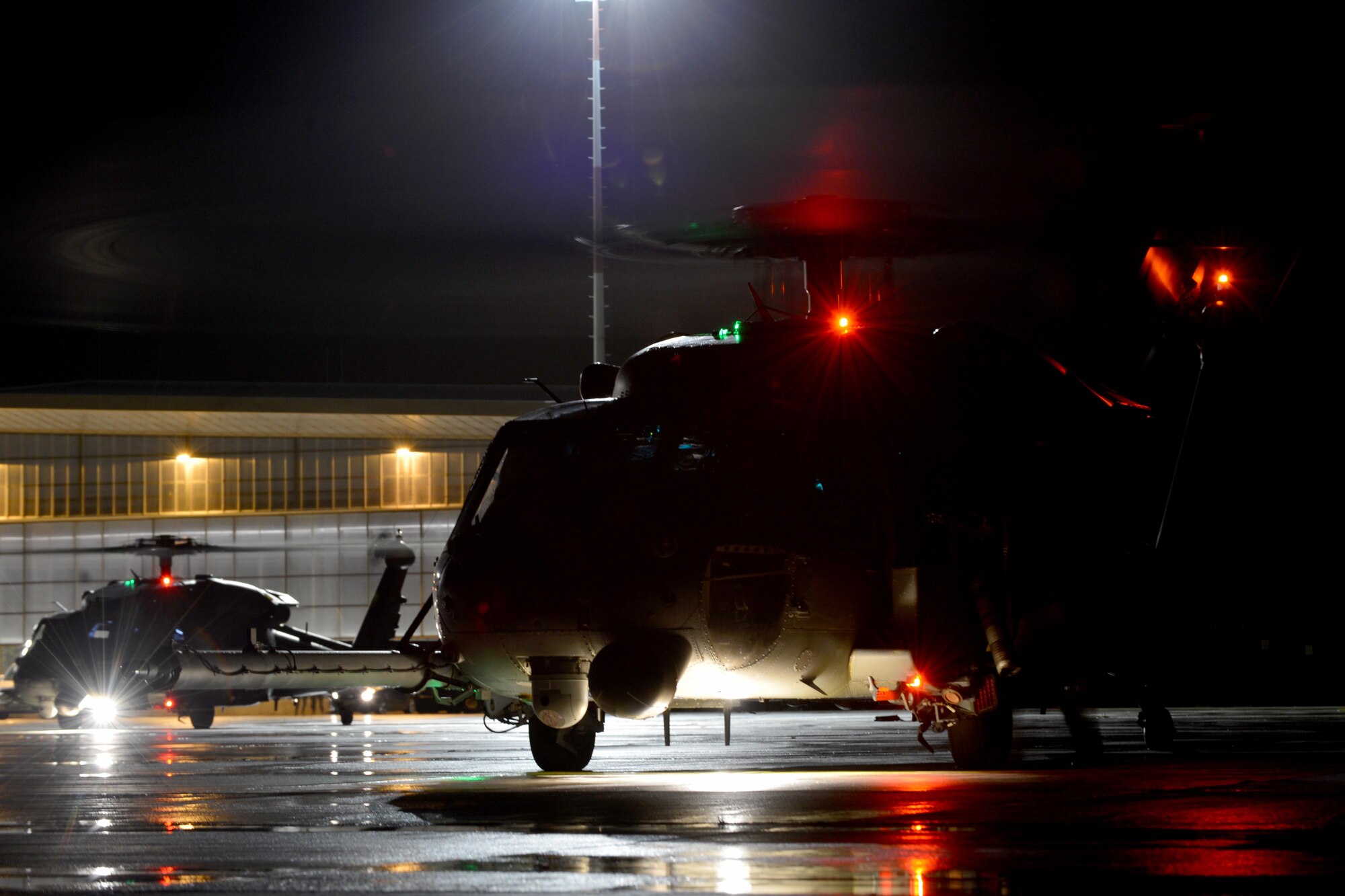 Two U.S. Air Force HH-60G Pave Hawk assigned to the 56th Rescue Squadron at Royal Air Force Lakenheath, England, prepare to take off Nov. 10, during Exercise Salamander at Cazaux Air Base, France. The exercise in an opportunity for U.S. Air Force HH-60G Pave Hawk aircrew, Guardian Angel teams and maintenance Airmen to hone their skills in a dynamic environment with their French air force counterparts. (U.S. Air Force photo/Master Sgt. Eric Burks)