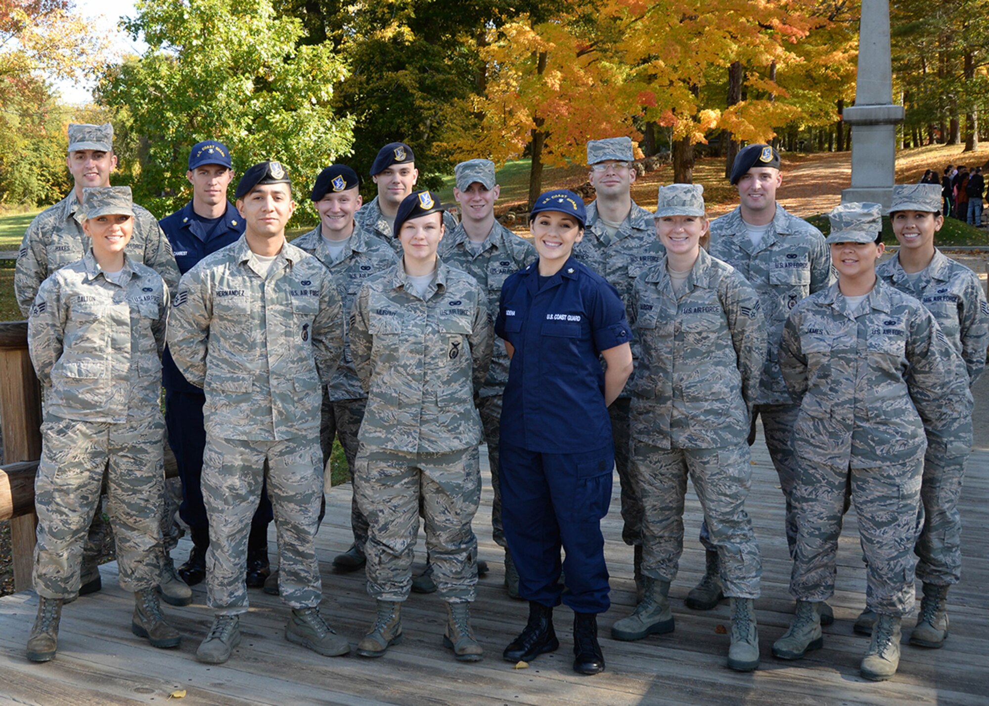 Members of Airman Leadership School Class 17A, including two instructors, take a class photo in Concord, Mass., at the Old North Bridge last month. The students, comprised of Coast Guardsmen and Air Force active duty, Reserve and Air National Guard, graduated from the five-week course Nov. 18 during a ceremony at the Minuteman Commons. (U.S. Air Force photo by Linda LaBonte Britt)