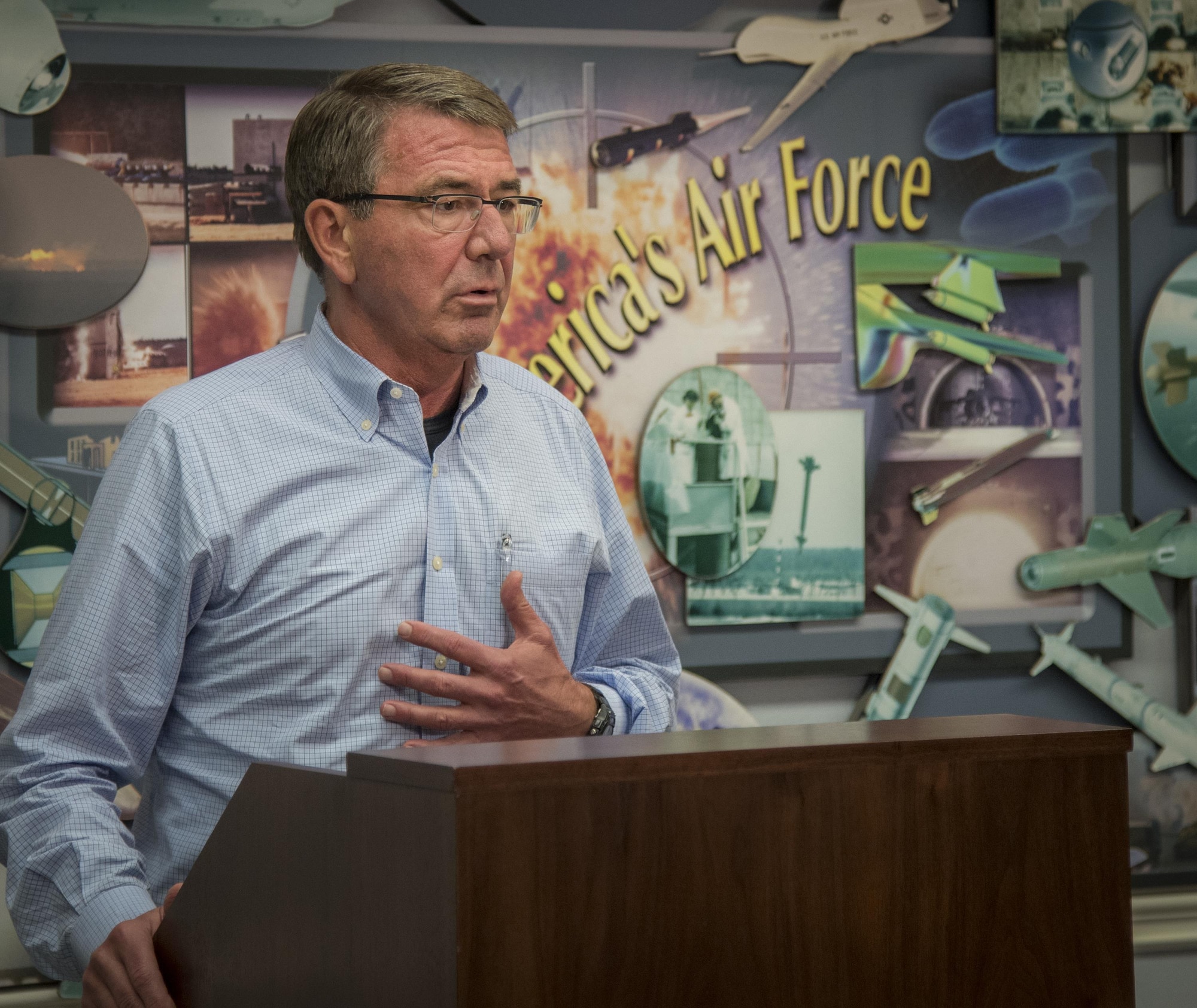 Secretary of Defense Ash Carter speaks with media about his visit to the local Air Force bases Nov. 17 at Eglin Air Force Base, Fla. Nov. 17.  Carter visited numerous locations around Eglin and Hurlburt Field during his day tour of the local area. (U.S. Air Force photo/Samuel King Jr.)