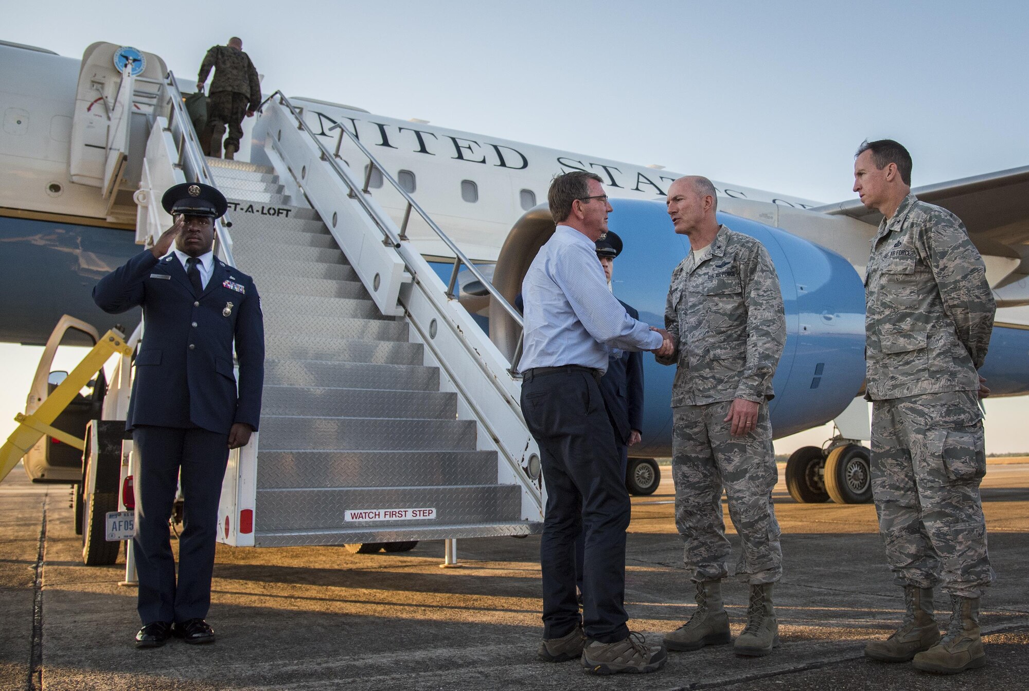 Secretary of Defense Ash Carter bids farewell to Brig. Gen. Christopher Azzano, 96th Test Wing commander, before leaving Eglin Air Force Base, Fla. Nov. 17.  Carter visited numerous locations around Eglin and Hurlburt Field during his day tour of the local area. (U.S. Air Force photo/Samuel King Jr.)