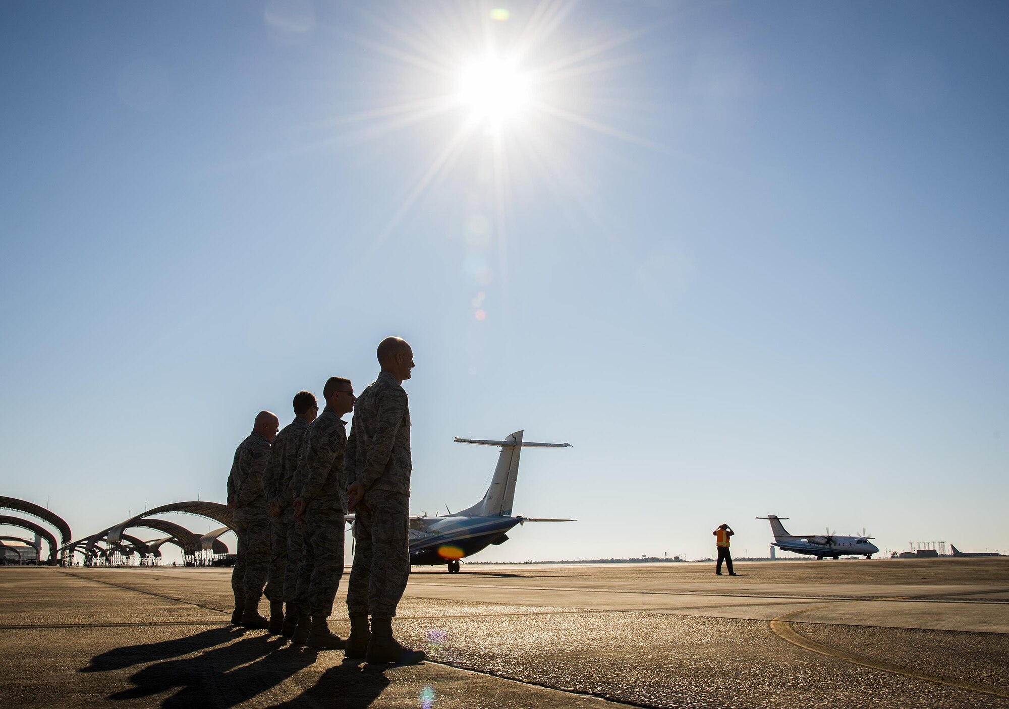 Base leadership stands ready to greet Secretary of Defense Ash Carter as he taxies in on a C-146 Wolfhound to Eglin Air Force Base, Fla. Nov. 17.  Carter visited numerous locations around Eglin and Hurlburt Field during his day tour of the local area. (U.S. Air Force photo/Samuel King Jr.)