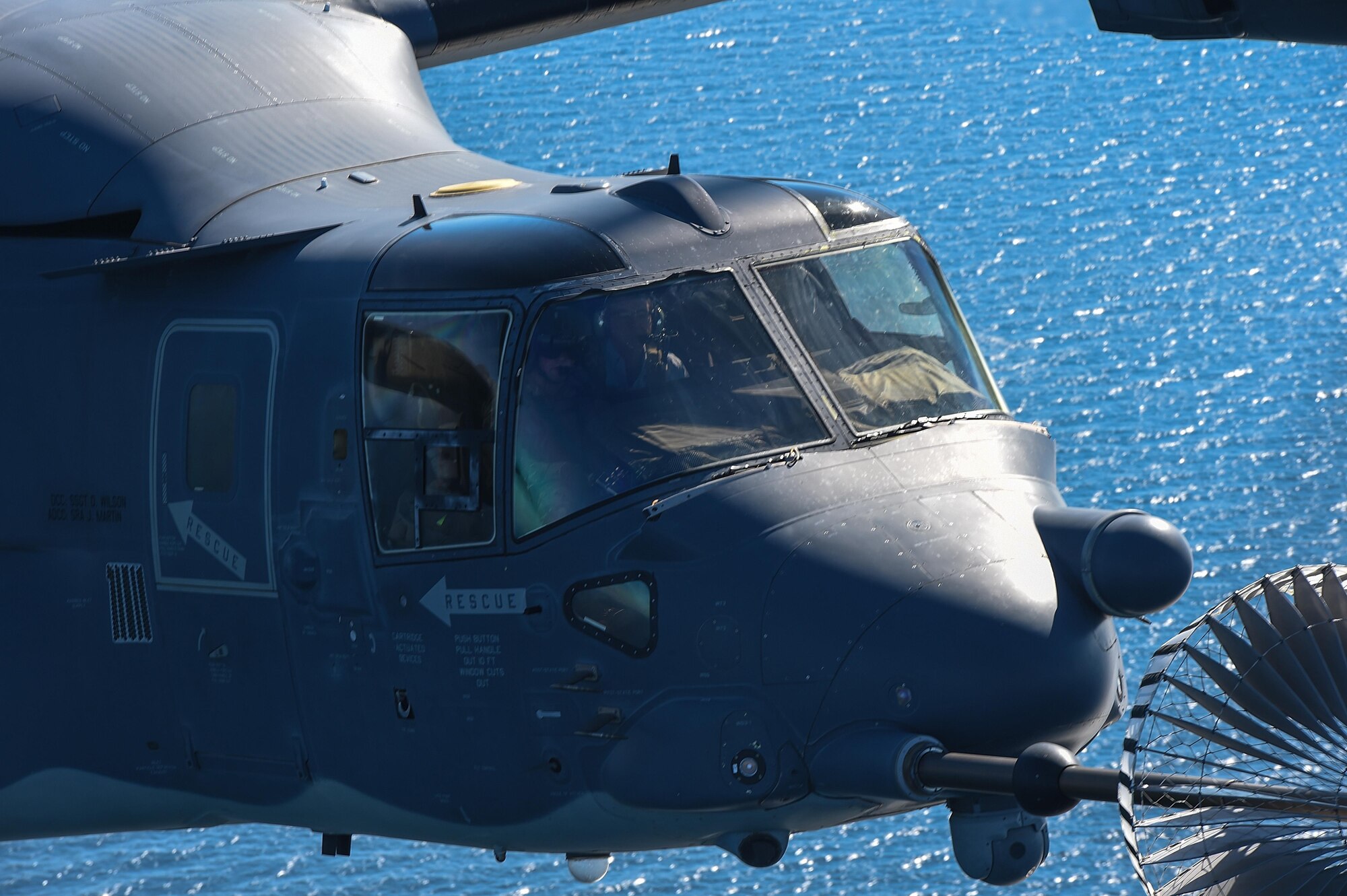 Secretary of Defense Ash Carter flies on a CV-22 Osprey tiltrotor aircraft assigned to the 8th Special Operations Squadron during a tiltrotor air-to-air refueling over the Gulf of Mexico, Nov. 17, 2016. Secretary of Defense Ash Carter visited with Air Force Special Operations Command Air Commandos, participated in a Joint Assault Force with Special Tactics teams and flew on a CV-22 during his visit to Hurlburt Field, Fla. (U.S. Air Force photo by Senior Airman Jeff Parkinson)