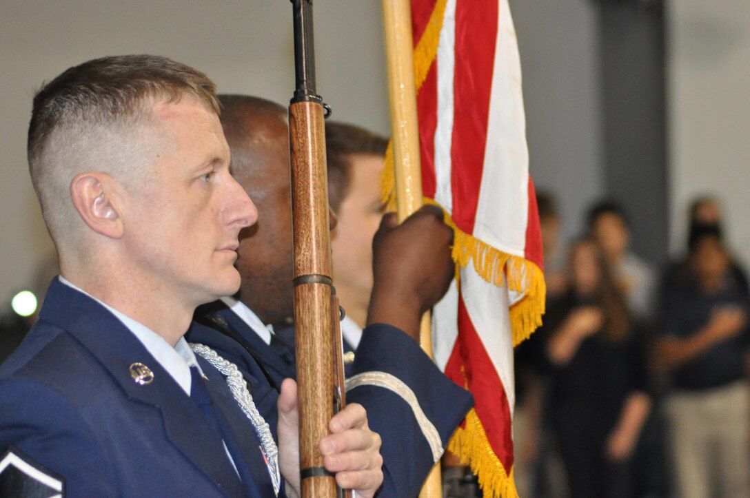 Air Force Reserve Master Sgt. Lawrence Felts, a member of the 910th Airlift Wing Honor Guard based at nearby Youngstown Air Reserve Station, Ohio, participates as part of a colors team during a Veteran’s Day program at Valley Christian School here, Nov. 10, 2016. Felts, a loadmaster assigned to the 757th Airlift Wing Squadron is a volunteer member of the wing’s honor guard. To request the 910th Airlift Wing Honor Guard to present the colors at a community event, please use the following link: http://www.youngstown.afrc.af.mil/Requests/ColorGuardRequests.aspsx U.S. Air Force photo by Master Sgt. Bob Barko Jr.