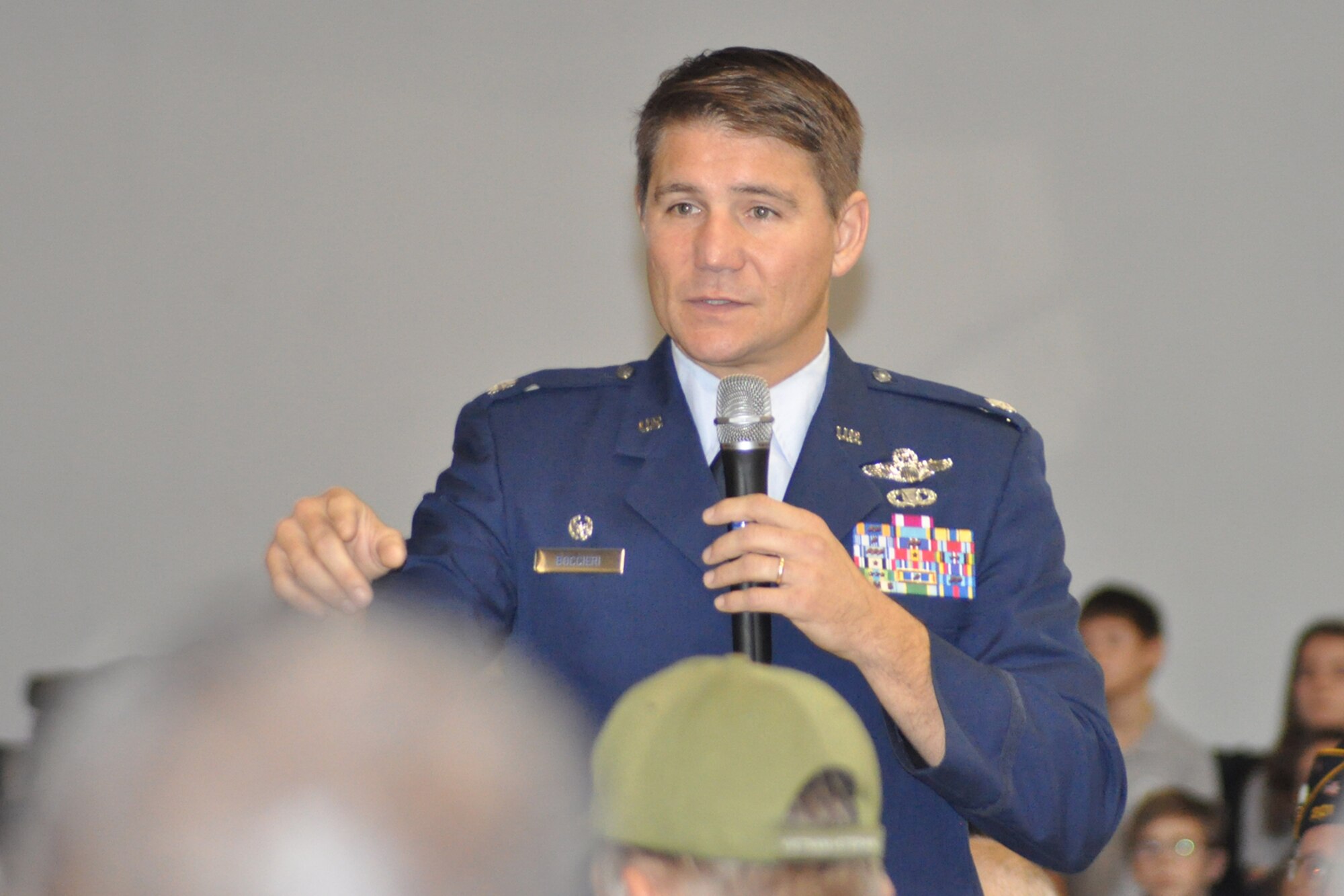 Lt. Col. John Boccieri, commander of the 757th Airlift Squadron based at nearby Youngstown Air Reserve Station, Ohio, speaks to an audience of student, faculty and local area veterans during a Veteran’s Day program held at Valley Christian School here, Nov. 10, 2016. The school requested Boccieri’s participation through the 910th Airlift Wing Speaker’s Bureau program. To request a member of the 910th Airlift Wing to talk to a community group, please use the following link: http://www.youngstown.afrc.af.mil/Requests/SpeakerRequests.aspx  (U.S. Air Force photo/Master Sgt. Bob Barko Jr.) 