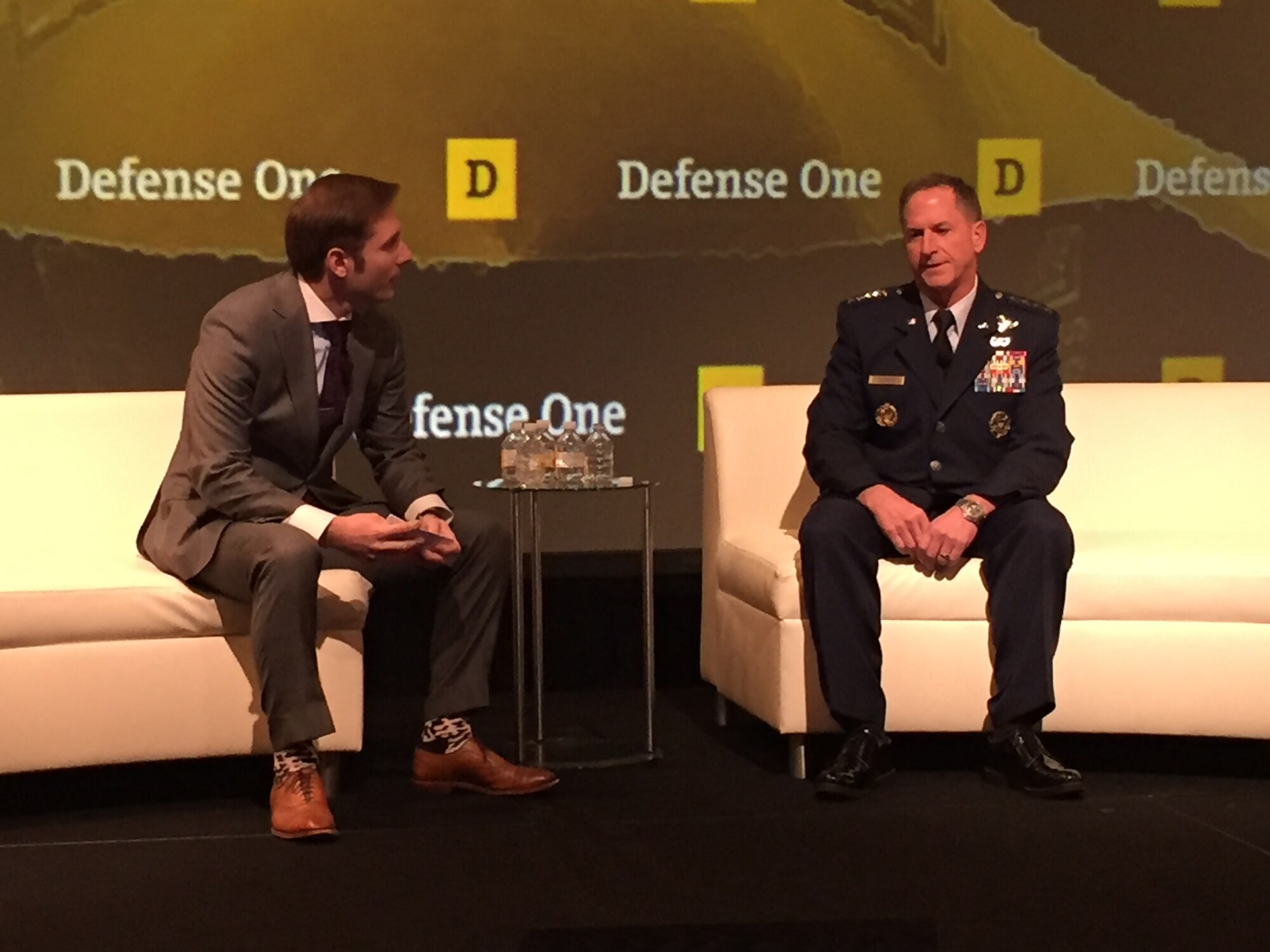 Defense One’s Marcus Weisgerber, left, speaks with Air Force Chief of Staff Gen. David Goldfein about multidomain warfare at the Defense One Summit in Washington, Nov. 17, 2016. DoD photo by Jim Garamone