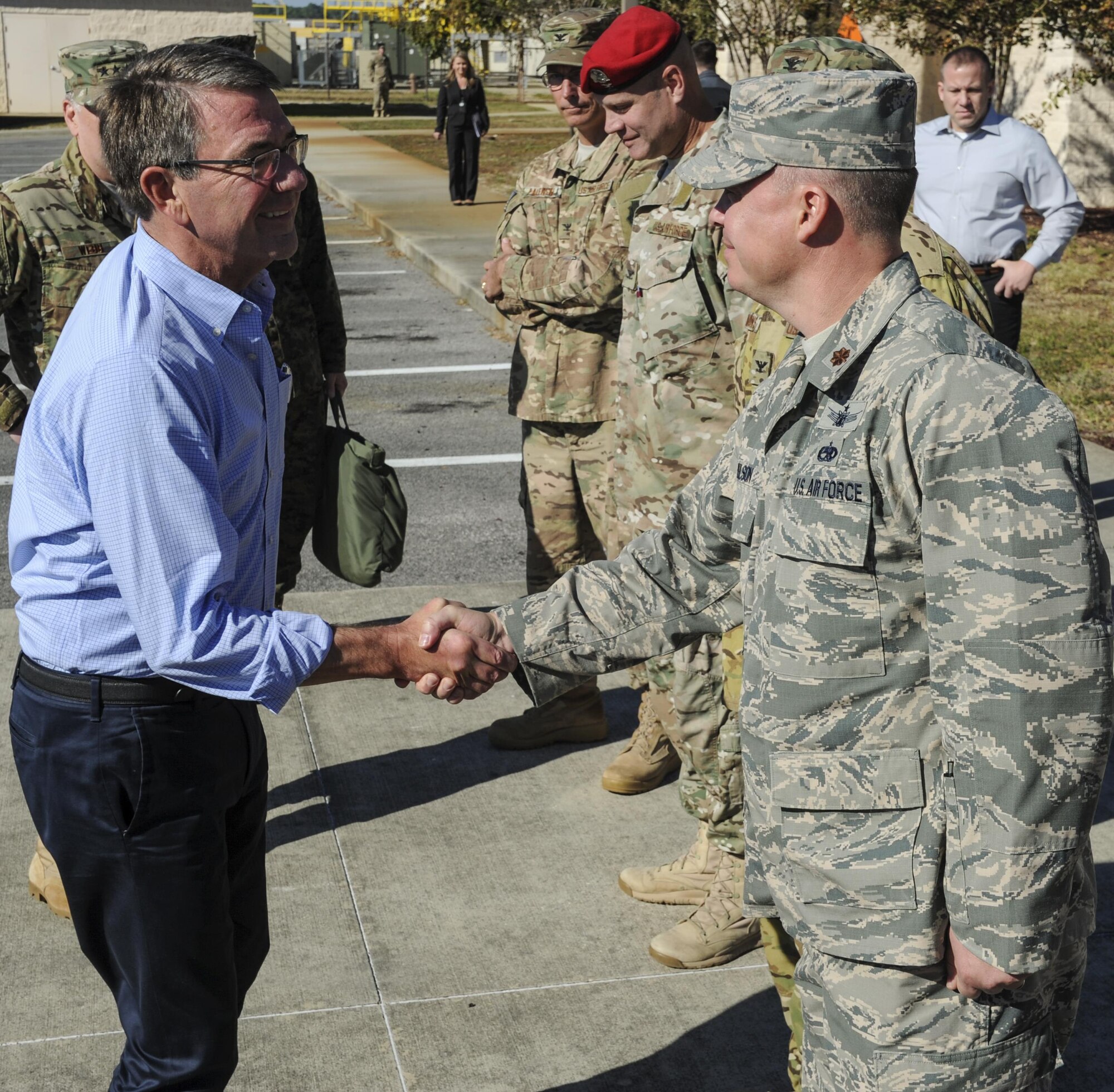Secretary of Defense Ash Carter greets leadership at Hurlburt Field, Fla., Nov. 17, 2016. Carter visited with Air Force Special Operations Command Air Commandos, participated in a Joint Assault Force with Special Tactics teams and flew on a CV-22 during his visit to Hurlburt Field, Fla. (U.S. Air Force photo by Staff Sgt. Kentavist Brackin)