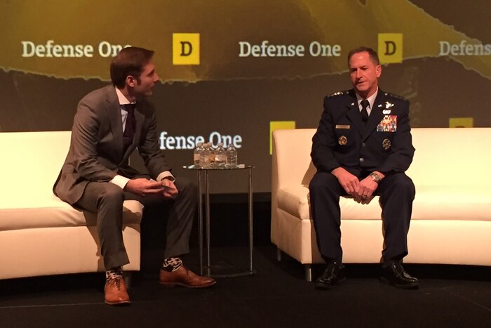 Defense One’s Marcus Weisgerber, left, speaks with Air Force Chief of Staff Gen. David Goldfein about multidomain warfare at the Defense One Summit in Washington, Nov. 17, 2016. DoD photo by Jim Garamone