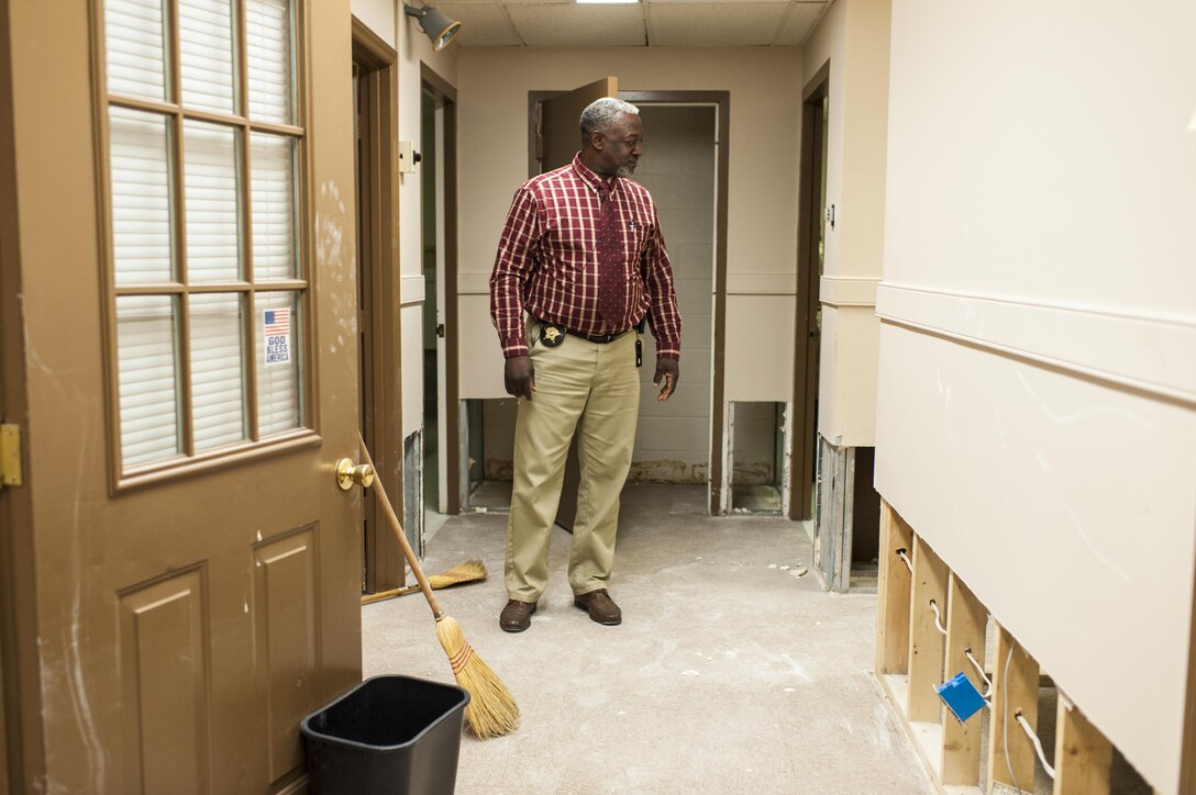 Sheriff Ronnie Ingram surveys the damage at the Lenoir County Sheriff’s Office in the basement of the courthouse, Nov. 2, 2016, in Kinston, N.C. Hurricane Matthew flooded a large portion of downtown Kinston to include the courthouse basement causing the sheriff’s office to look for dry ground to continue their operations. They reached out to the 81st Regional Support Command who had an underutilized U.S. Army Reserve Center at the Kinston airport. Through the National Defense Authorization Act of 2012, U.S. Army Reserve Defense Support of Civil Authorities and Stafford Act (Disaster and Emergency Act), the sheriff’s office was able to use the facility to continue to serve the citizens of Lenoir County.  (U.S. Army photo by Timothy L. Hale)(Released)