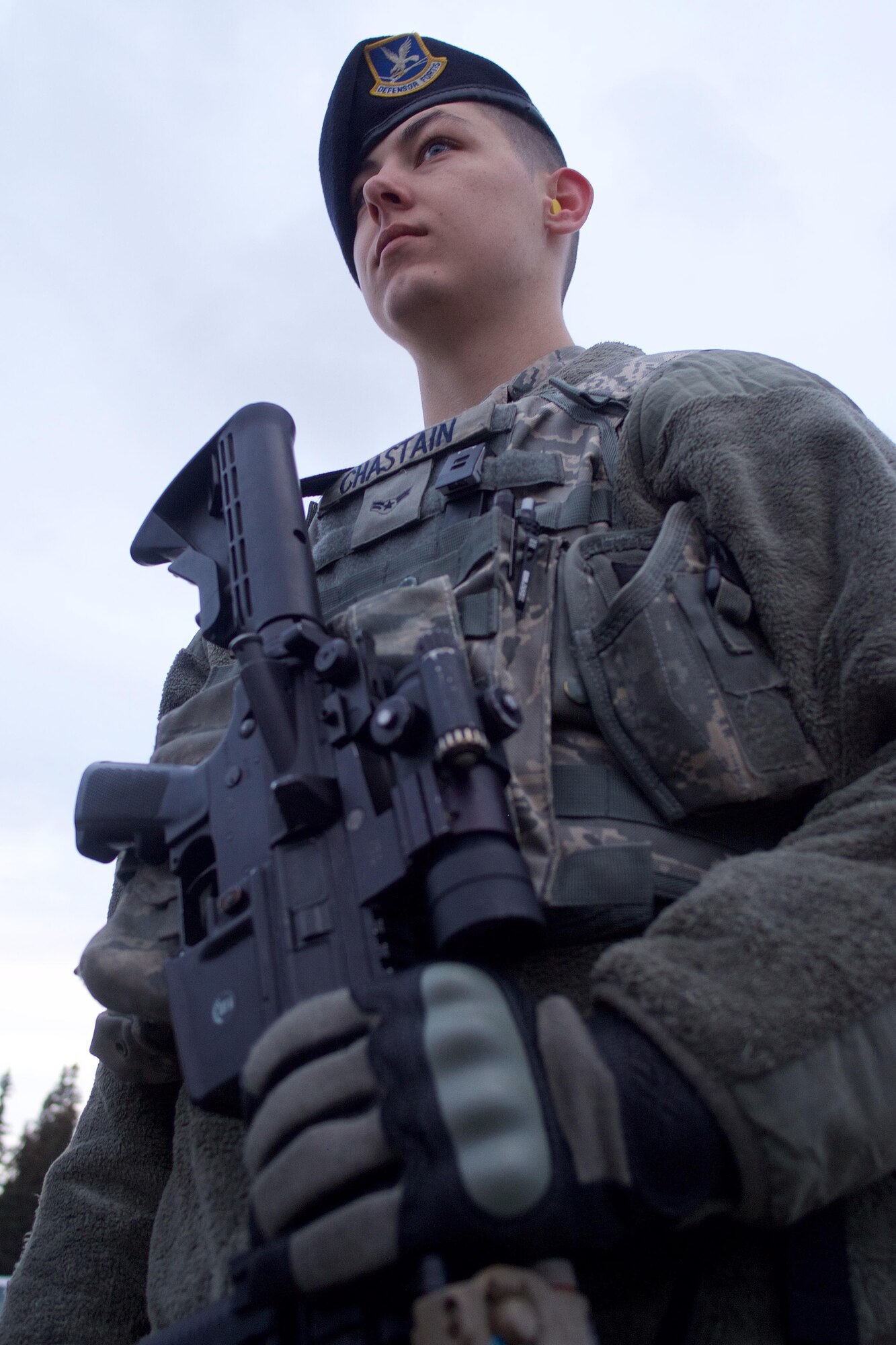 Airman 1st Class Jarrod Chastain, a native of Kingman, Ariz., and a member of 673d Security Forces Squadron, waits his turn to partake of barricade-fire training, Nov. 9, 2016, at Joint Base Elmendorf-Richardson. Airmen of 673d SFS went to JBER's Statler/Newton Small Arms Range for M4 Carbine Proficiency Firing training, which teaches them to maneuver behind cover while accurately engaging targets. 