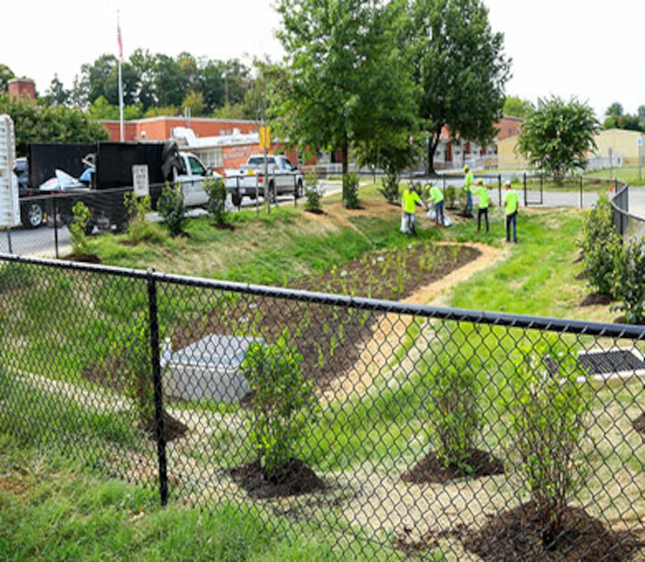 Completed stormwater management construction at Ridgecrest Elementary within the Sligo Creek watershed in Hyattsville, Maryland, Sept. 17, 2016. (U.S. Army photo by David Gray)