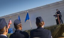 Chief Master Sgt. Darnell Burton, the Non-Commissioned Officer Academy commandant, spoke to Airmen, families and well-wishers at the Community College of the Air Force graduation ceremony at Eglin Air Force Base, Fla., Nov. 16.  More than 300 Airmen from Eglin and Duke Field were honored at this year’s event. (U.S. Air Force photo/Samuel King Jr.)