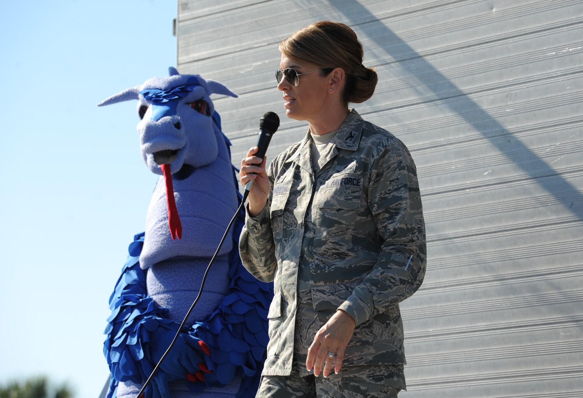 Col. Michele Edmondson, 81st Training Wing commander, delivers remarks during Dragon Fest Nov. 17, 2016, on Keesler Air Force Base, Miss. Dragon Fest was the final event held for Dragon Week, which focused on resiliency and teambuilding initiatives across the base. (U.S. Air Force photo by Kemberly Groue)