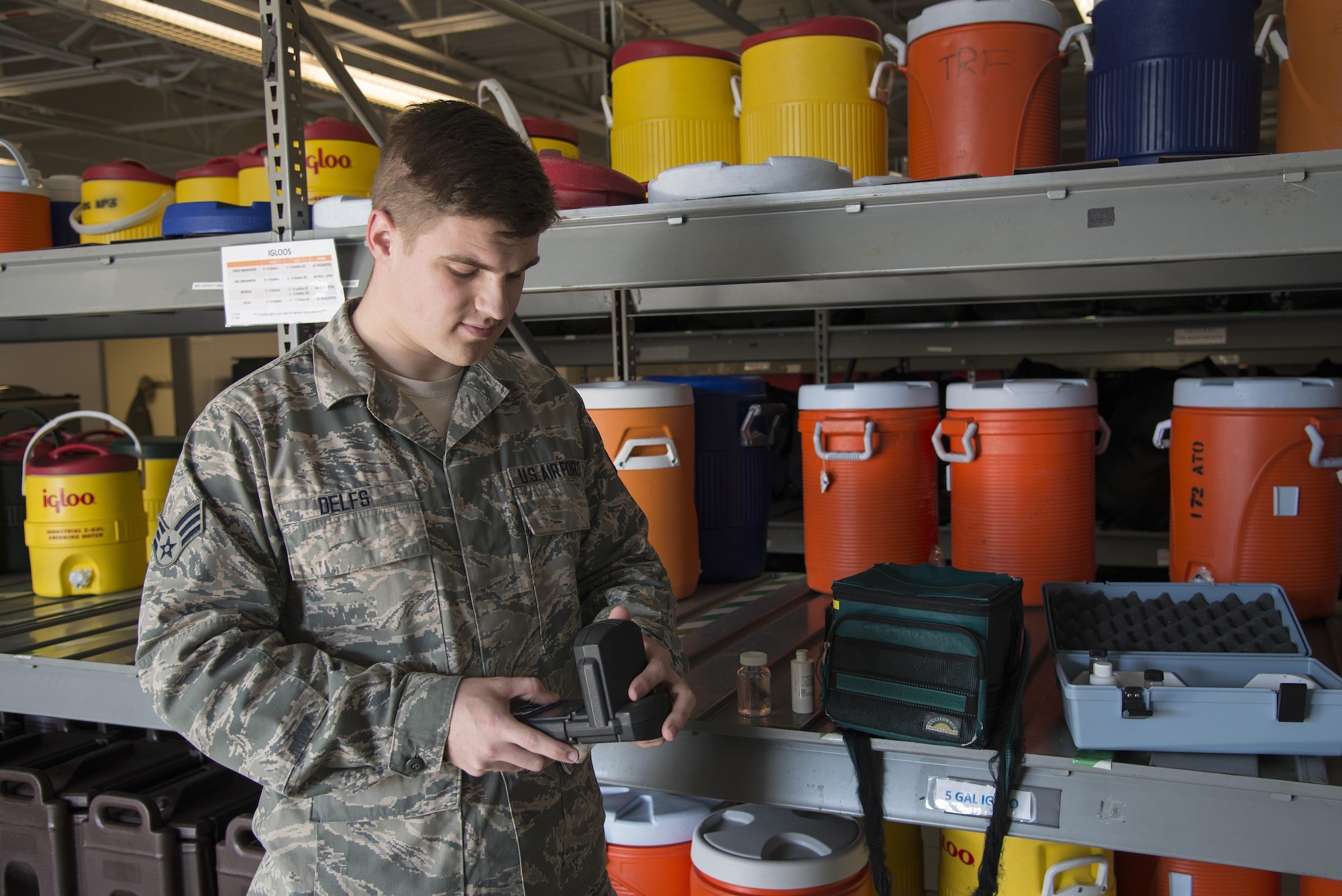 Senior Airman Alexander Delfs, 436th Aerospace Medical Squadron bioenvironmental engineering journeyman, conducts a pH test on a water sample Nov. 16, 2016, at an aircraft watering point on Dover Air Force Base, Del. All potable water used by aircrews comes through an aircraft watering point. (U.S. Air Force photo by Senior Airman Aaron J. Jenne)