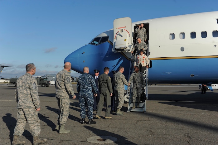 U.S. Air Force General Darren McDew, U.S. Transportation Command (USTRANSCOM) commander, is greeted by Joint Base Charleston leadership here, Nov. 14, 2016. McDew and other leaders from USTRANSCOM met to discuss common themes across the command.