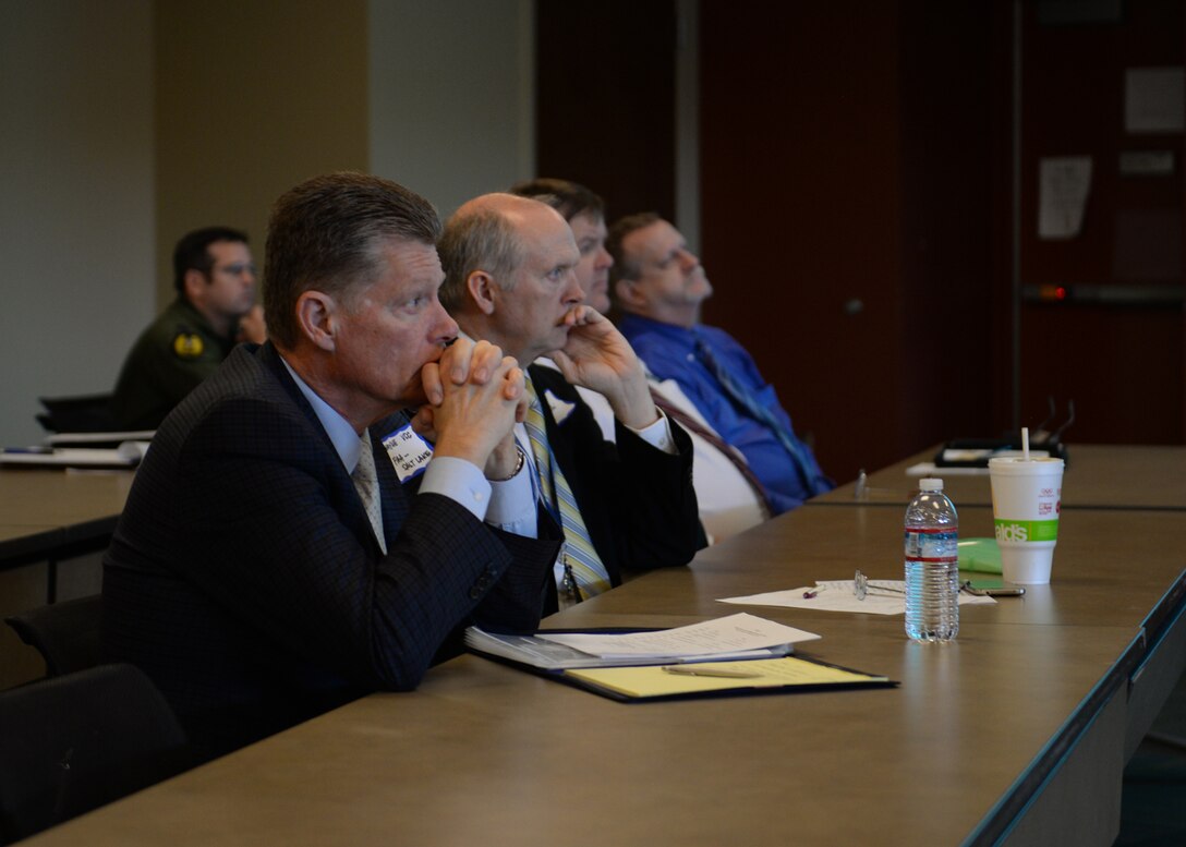 More than 30 individuals representing the Federal Aviation Administration, airports, military bases, and various aviation organizations attended the inaugural Powder River Council meeting in the deployment center at Ellsworth Air Force Base, S.D., Nov. 16, 2016. The Powder River Training Complex spans over four states, all of which were represented during this meeting that addressed several aspects of its operations. (U.S. Air Force Photo by Senior Airman Rebecca Imwalle)