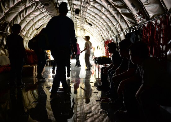 Students from local elementary schools explore the inside of a U.S. Air Force KC-135 Stratotanker refueling aircraft, 97th Air Mobility Wing, during the science, technology, engineering and math fair, Nov. 17, 2016, at Altus Air Force Base, Okla. The STEM fair brought together 5th grade students and teachers, showcasing STEM to local students and how those subjects can relate to different Air Force careers. (U.S. Air Force photo by Airman 1st Class Cody Dowell/Released)
