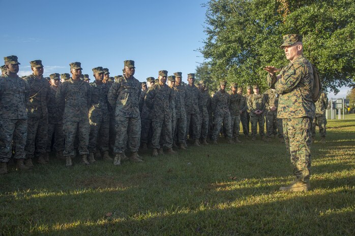 Marine Corps Brig. Gen.Thomas Wiedley, commanding general, Marine Corps Installations East, Marine Corps Base Camp Lejeune (MCIEAST, MCB CAMLEJ), gives his remarks during a
battalion formation, Camp Lejeune, Nov. 14, 2016. Headquarters and Support Battalion, MCIEAST, MCB CAMLEJ, conducted a 7.5 mile motivational and educational hike in recognition of the 75th
anniversary of Camp Lejeune.
