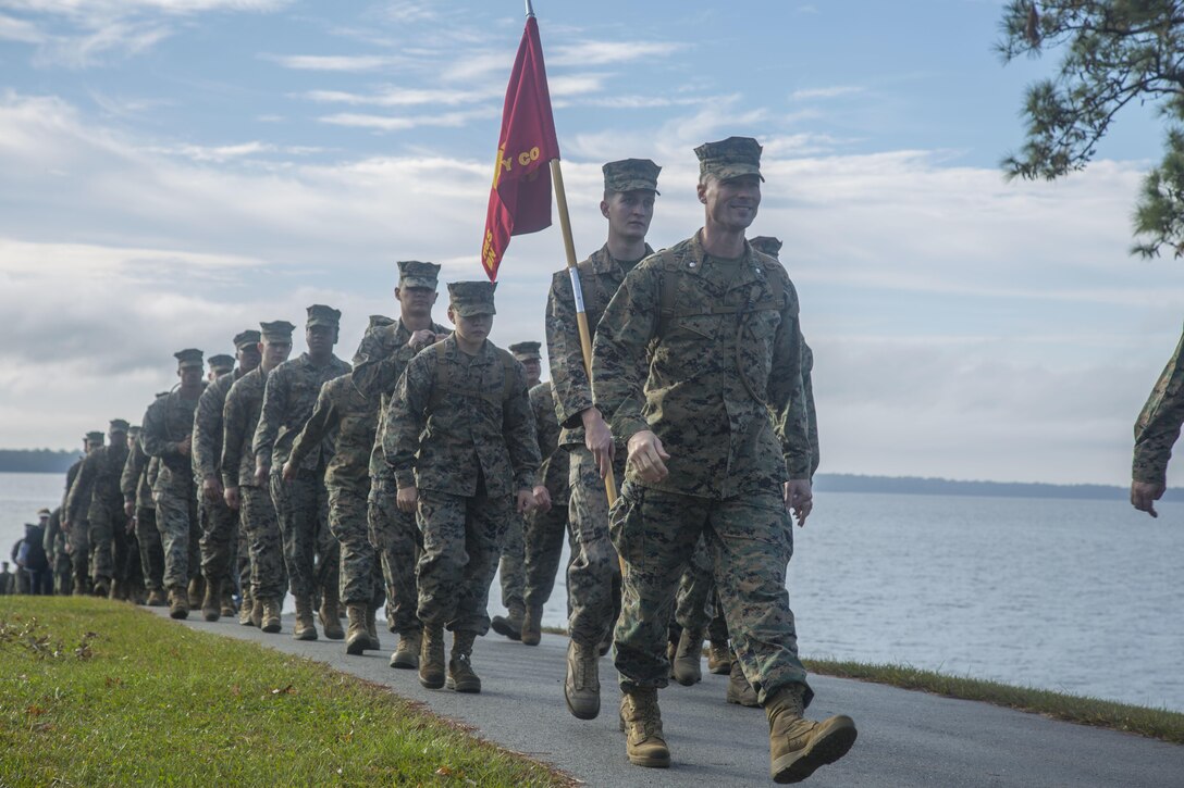 U.S. Marines with Headquarters and Support Battalion (H&S Bn), Marine Corps Installations East, Marine Corps Base Camp Lejeune (MCIEAST, MCB CAMLEJ) conduct a hike on Camp Lejeune, Nov. 14, 2016. H&S Bn, MCIEAST, MCB CAMLEJ conducted a 7.5 mile motivational and educational hike in recognition of the 75th anniversary of Camp Lejeune.