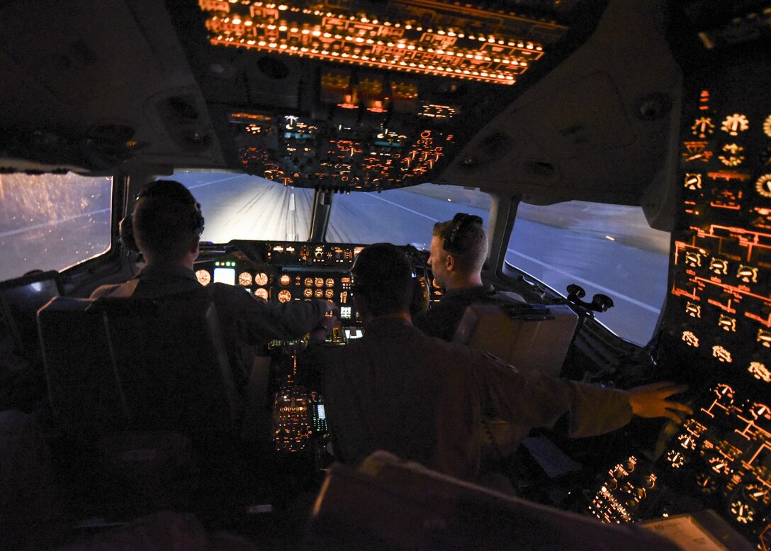 A KC-10 Extender crew from Joint Base McGuire-Dix-Lakehurst Air Force Base, N.J., take off from Ellsworth Air Force Base on Nov. 15, 2016. The crew took to the air to provide aerial refueling support for aircraft participating in exercise Combat Raider. (U.S. Air Force photo by Airman 1st Class Randahl J. Jenson)