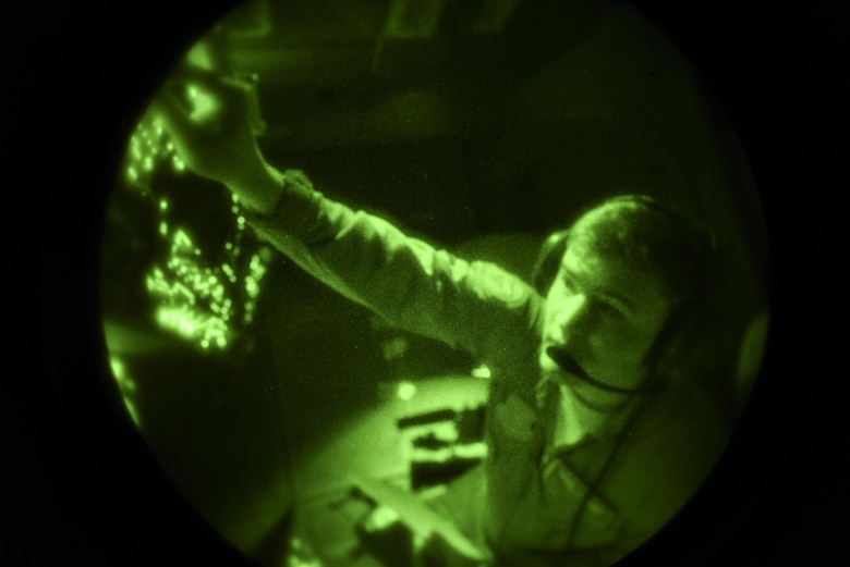 Senior Airman Austin Denotter, a boom operator assigned to the 32nd Aerial Refueling Squadron from Joint Base McGuire-Dix-Lakehurst Air Force Base, N.J., prepares the boom to refuel jets participating in exercise Combat Raider at the Powder River Training Complex near Belle Fouche S.D., Nov. 15, 2016. The KC-10 is able to refuel a variety of jets at a maximum rate of 1,100 gallons per minute. (U.S. Air Force photo by Airman 1st Class Randahl J. Jenson)