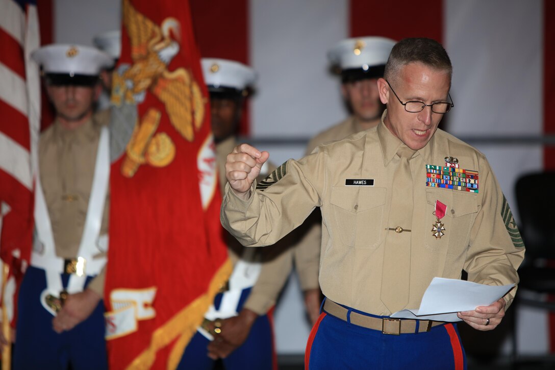 The outgoing 9th Marine Corps District sergeant major, Sgt. Maj. John S. Hawes, addresses service members, families and friends after his retirement ceremony aboard Naval Station Great Lakes, Ill., on Nov. 18, 2016. Hawes enlisted in the United States Marine Corps on July 8, 1986, and is has retired after 30 years of dedicated and honorable service. (U.S. Marine Corps photo by Cpl. Zachery Martin/Released)